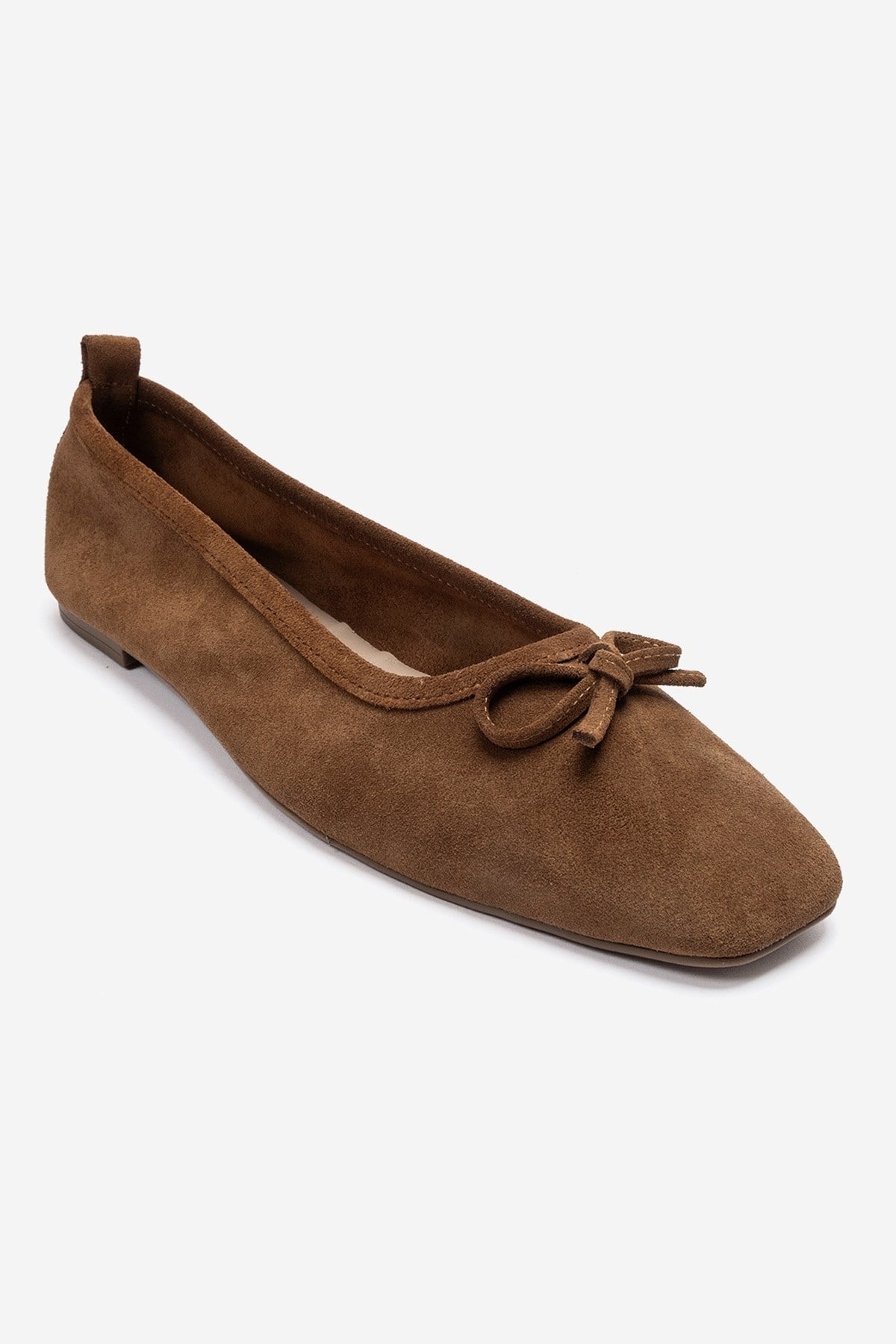 Sosa - Cognac Genuine Leather Square Toe Bow Ballet Flat – detail view showing bow, leather, SimmiUnique