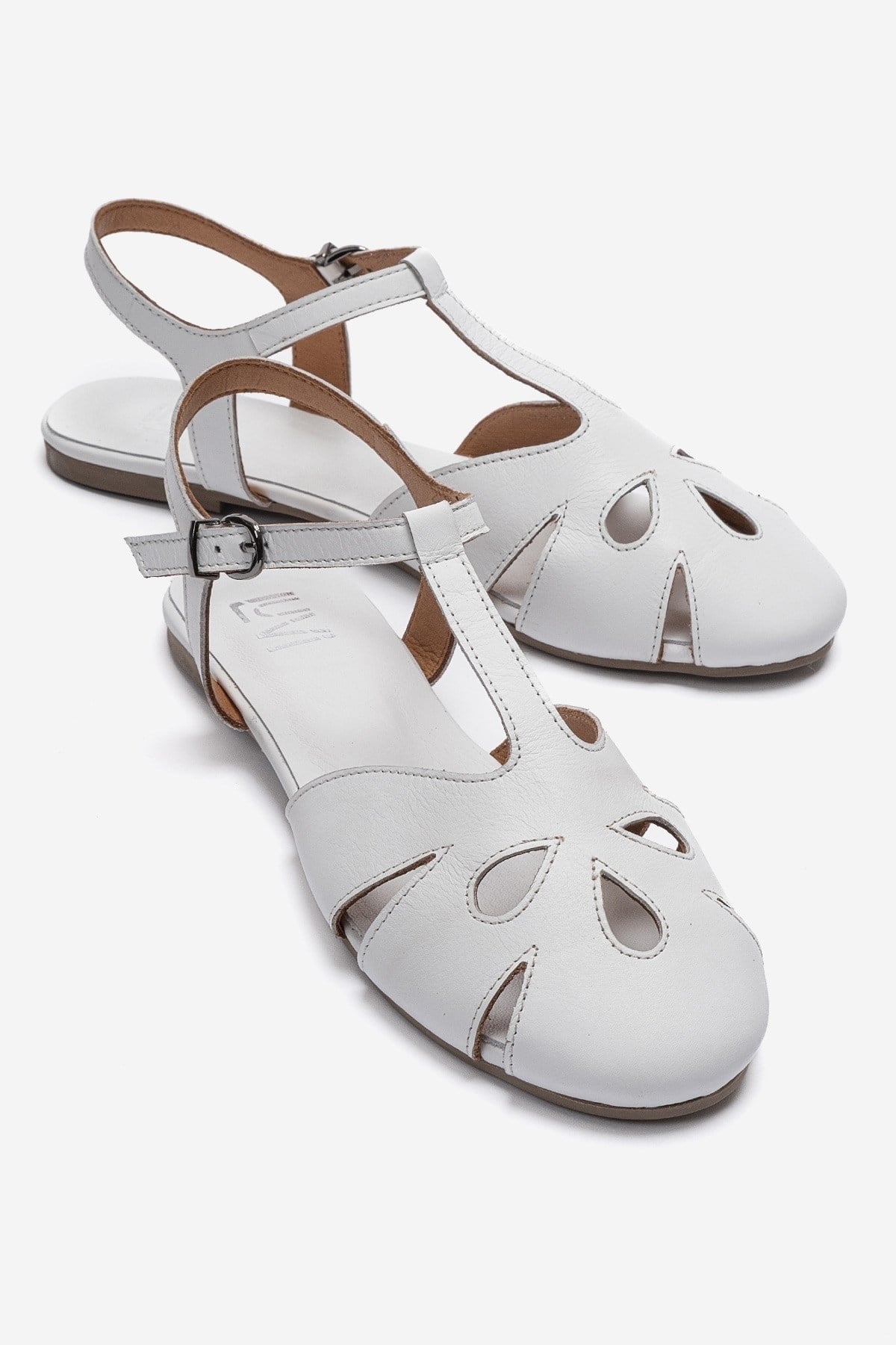 NATHALIE - White Genuine Leather Sandal – front three-quarter view showing leather, white, SimmiUnique