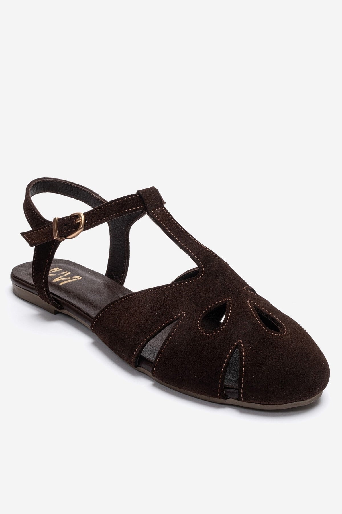 NATHALIE - Brown Genuine Leather Sandal – detail view showing leather, suede, SimmiUnique