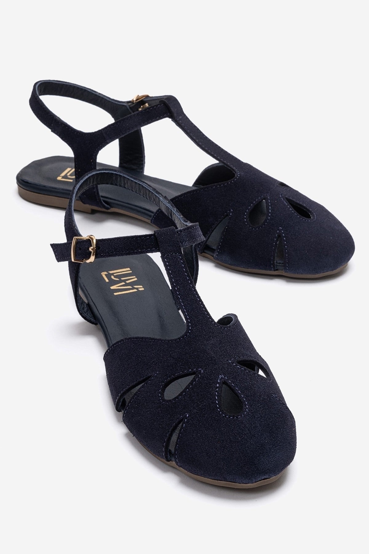 NATHALIE - Navy Genuine Leather Sandal – front three-quarter view showing leather, suede, SimmiUnique