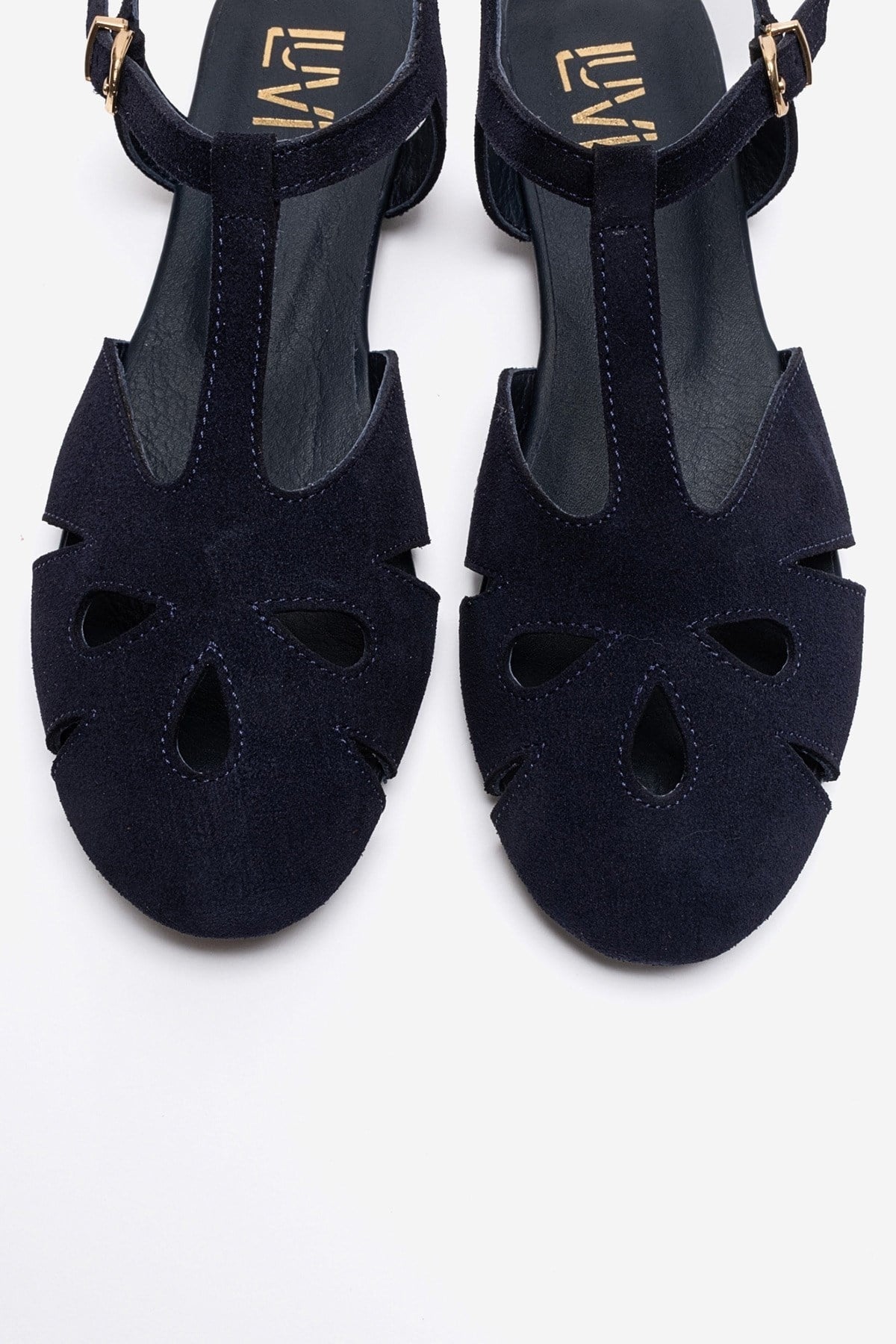 NATHALIE - Navy Genuine Leather Sandal – side view showing leather, suede, SimmiUnique