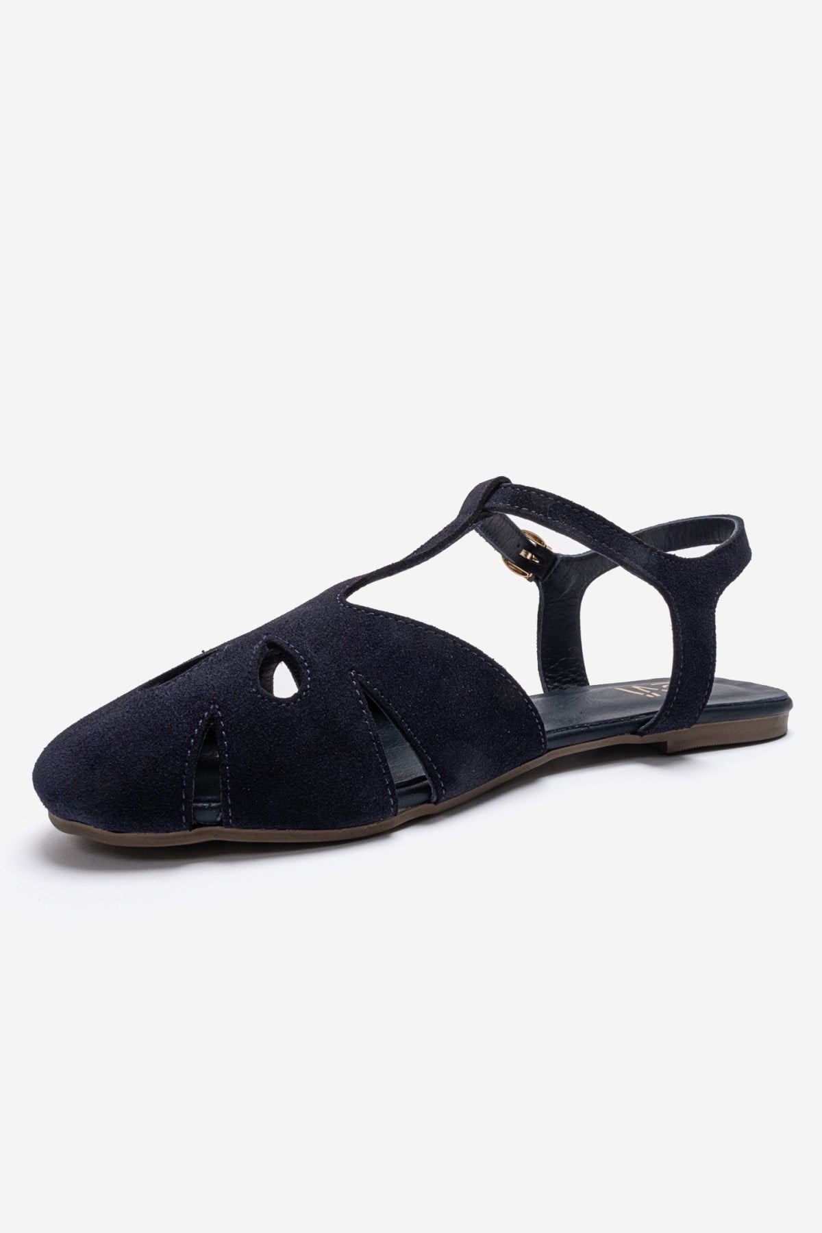 NATHALIE - Navy Genuine Leather Sandal – top view showing leather, suede, SimmiUnique