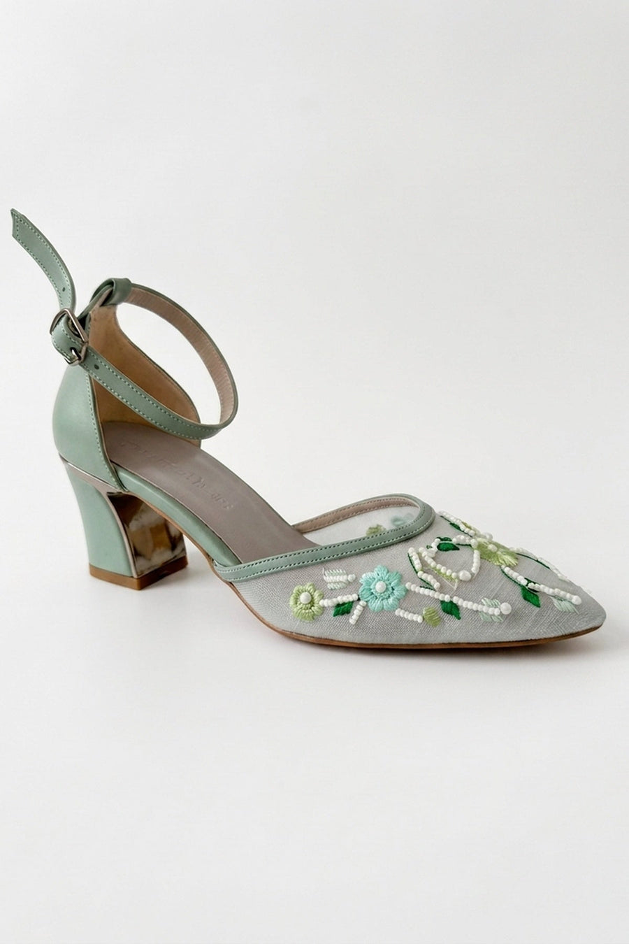 Lorelai Sage Green Embroidered Mesh Pumps