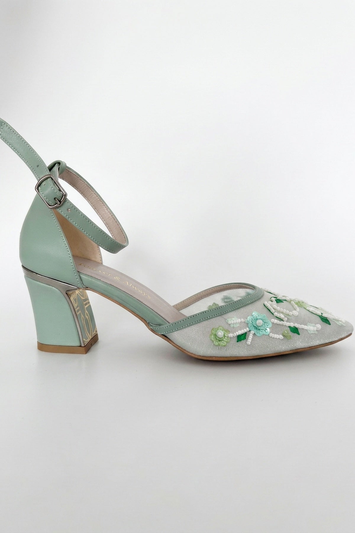 Lorelai Sage Green Embroidered Mesh Pumps – side view showing beaded, mesh, metallic, SimmiUnique