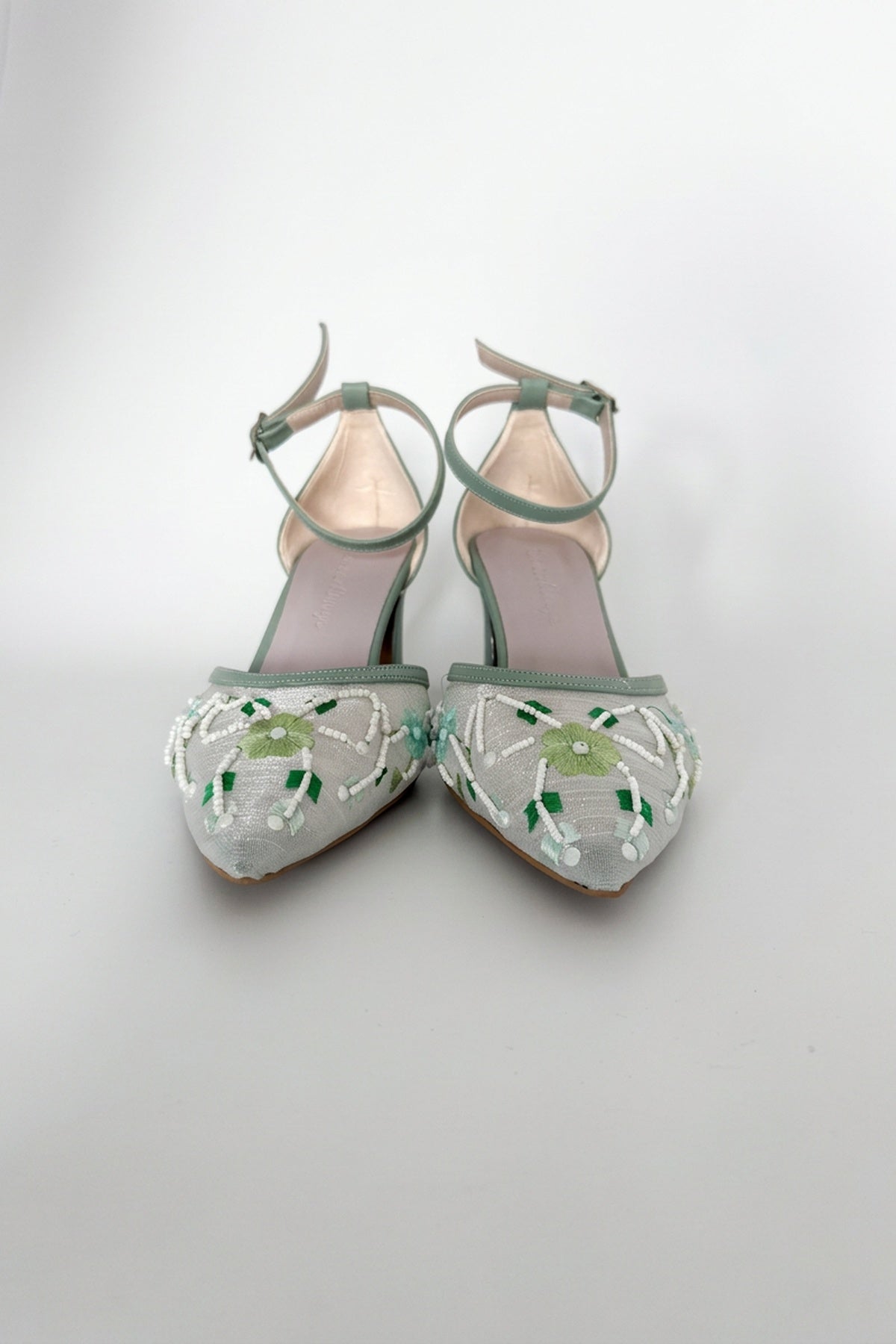 Lorelai Sage Green Embroidered Mesh Pumps – back view showing beaded, mesh, metallic, SimmiUnique