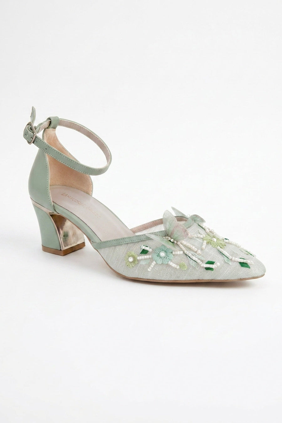 Iry Sage Green Butterfly Embroidered Mesh Pumps