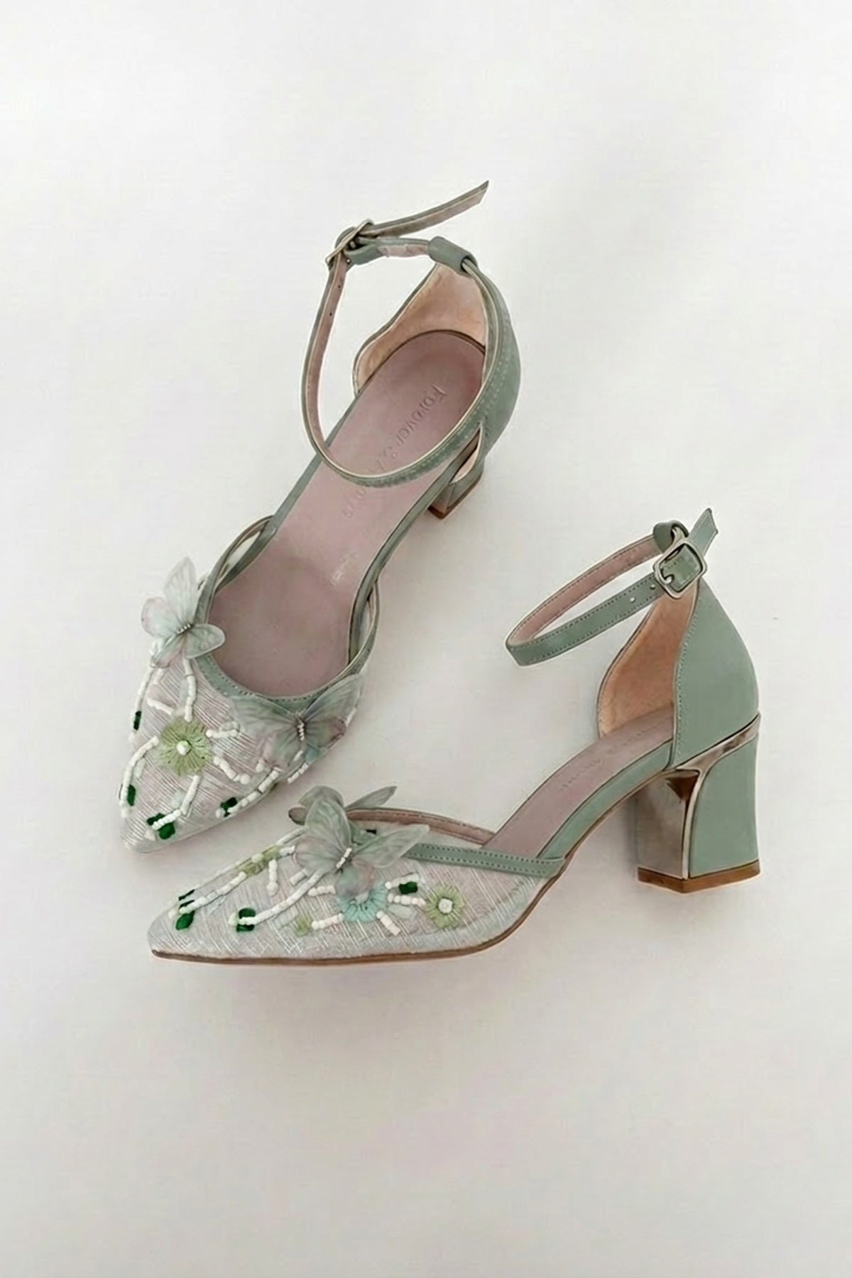 Iry Sage Green Butterfly Embroidered Mesh Pumps – back view showing mesh, metallic, red, SimmiUnique