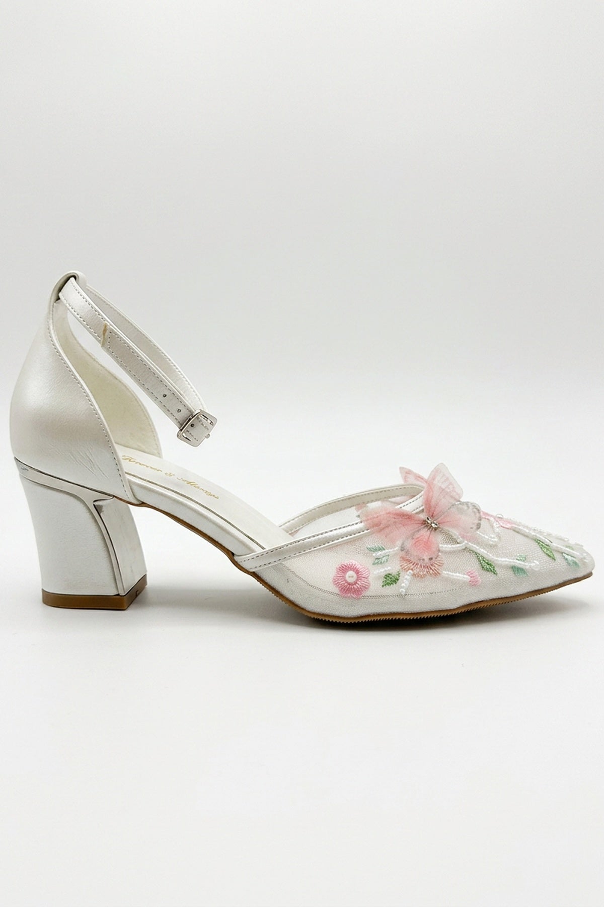 Iry Ivory Butterfly Embroidered Mesh Pumps – side view showing mesh, metallic, ivory, SimmiUnique