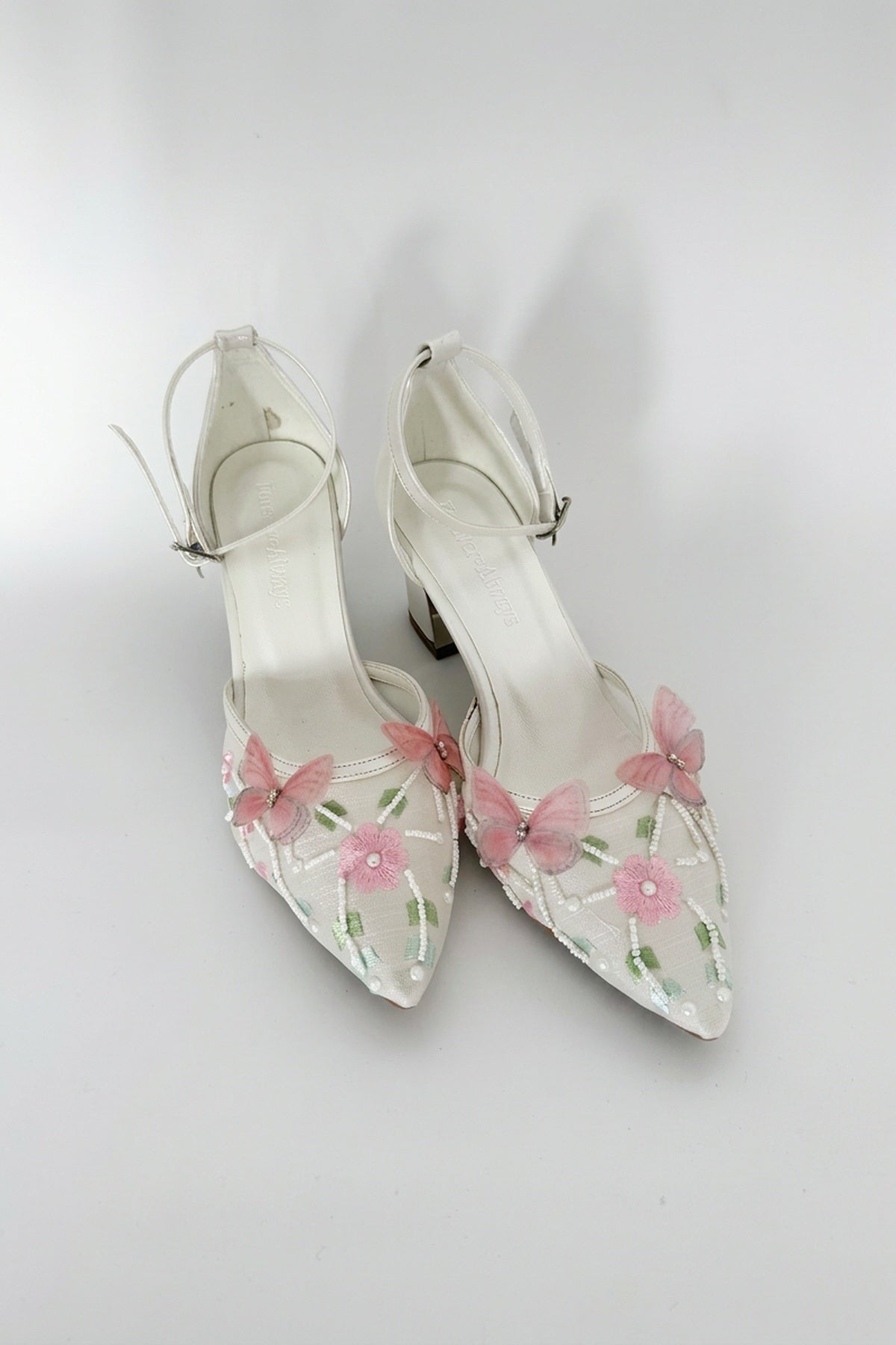 Iry Ivory Butterfly Embroidered Mesh Pumps – back view showing mesh, metallic, ivory, SimmiUnique