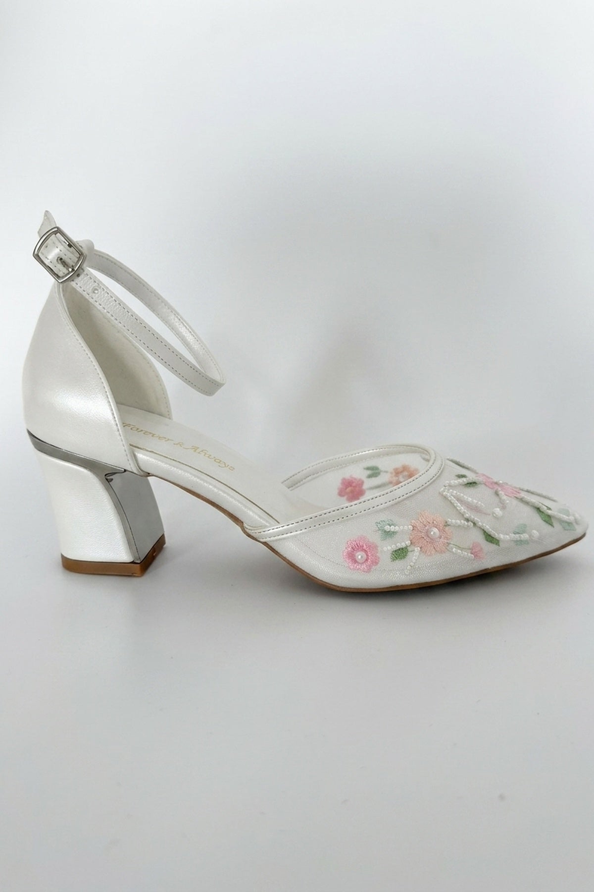 Lorelai Ivory Embroidered Mesh Pumps – side view showing beaded, mesh, metallic, SimmiUnique