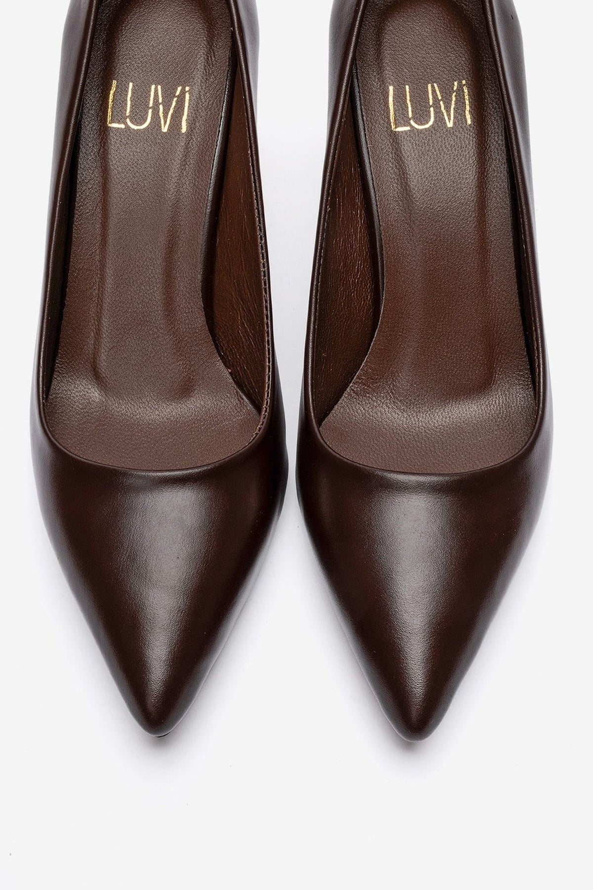 Clyde - Brown Genuine Leather Stiletto Pump – side view showing leather, SimmiUnique