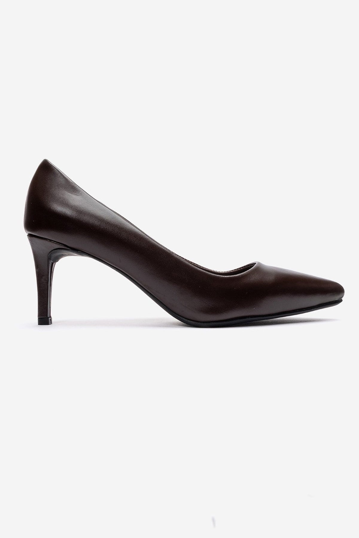 Clyde - Brown Genuine Leather Stiletto Pump – heel view showing leather, SimmiUnique