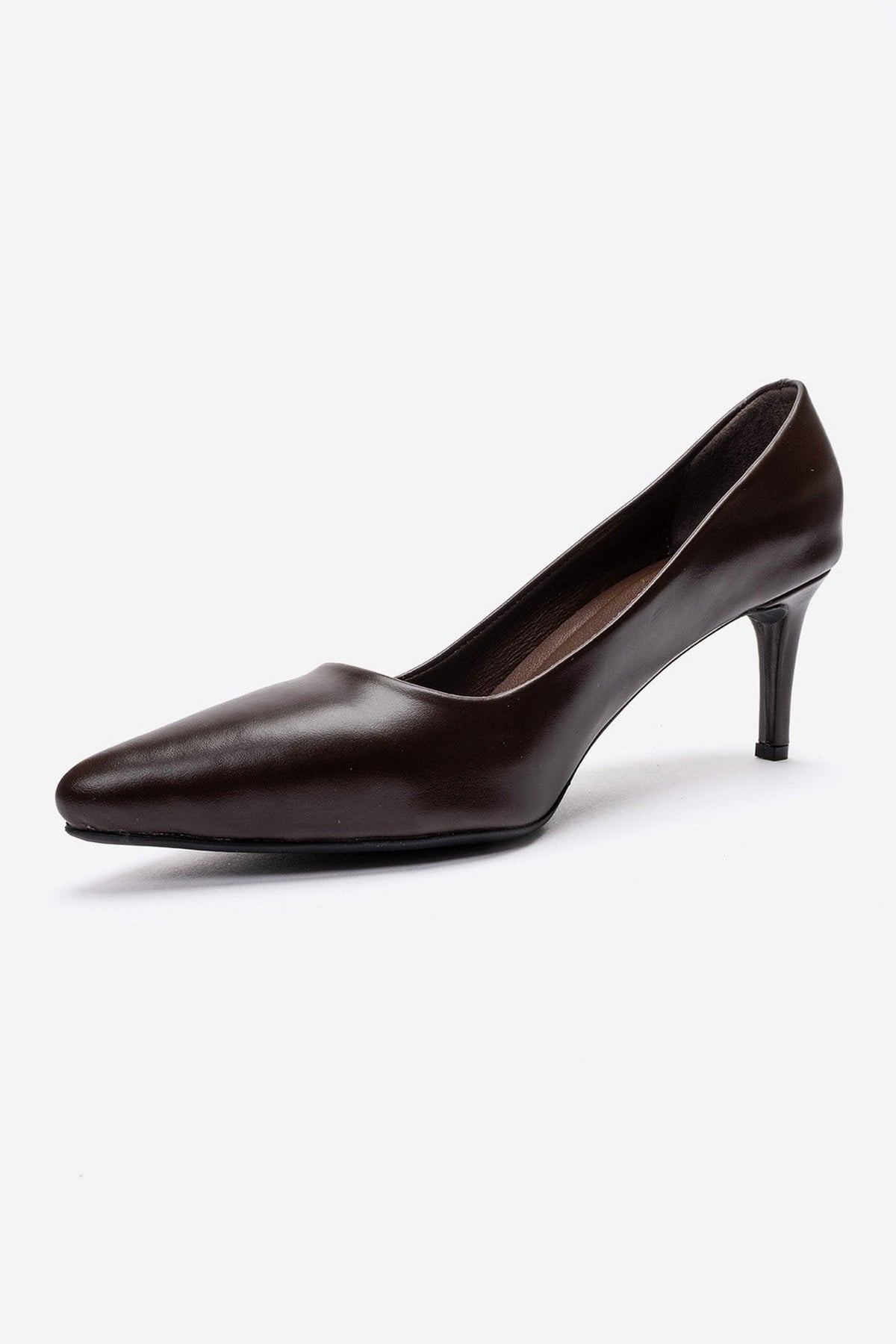 Clyde - Brown Genuine Leather Stiletto Pump – top view showing leather, SimmiUnique