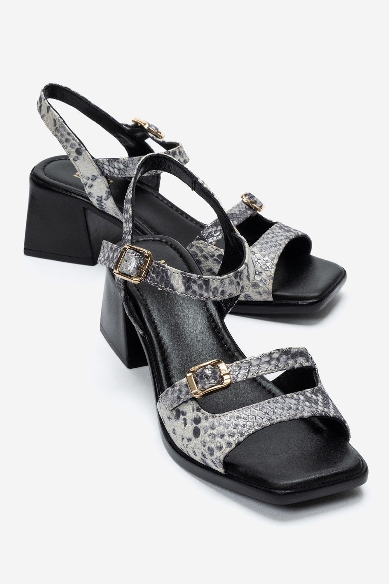 YOLEN - Black Patterned Genuine Leather Block Heel Sandal – front three-quarter view showing leather, black, red, SimmiUnique