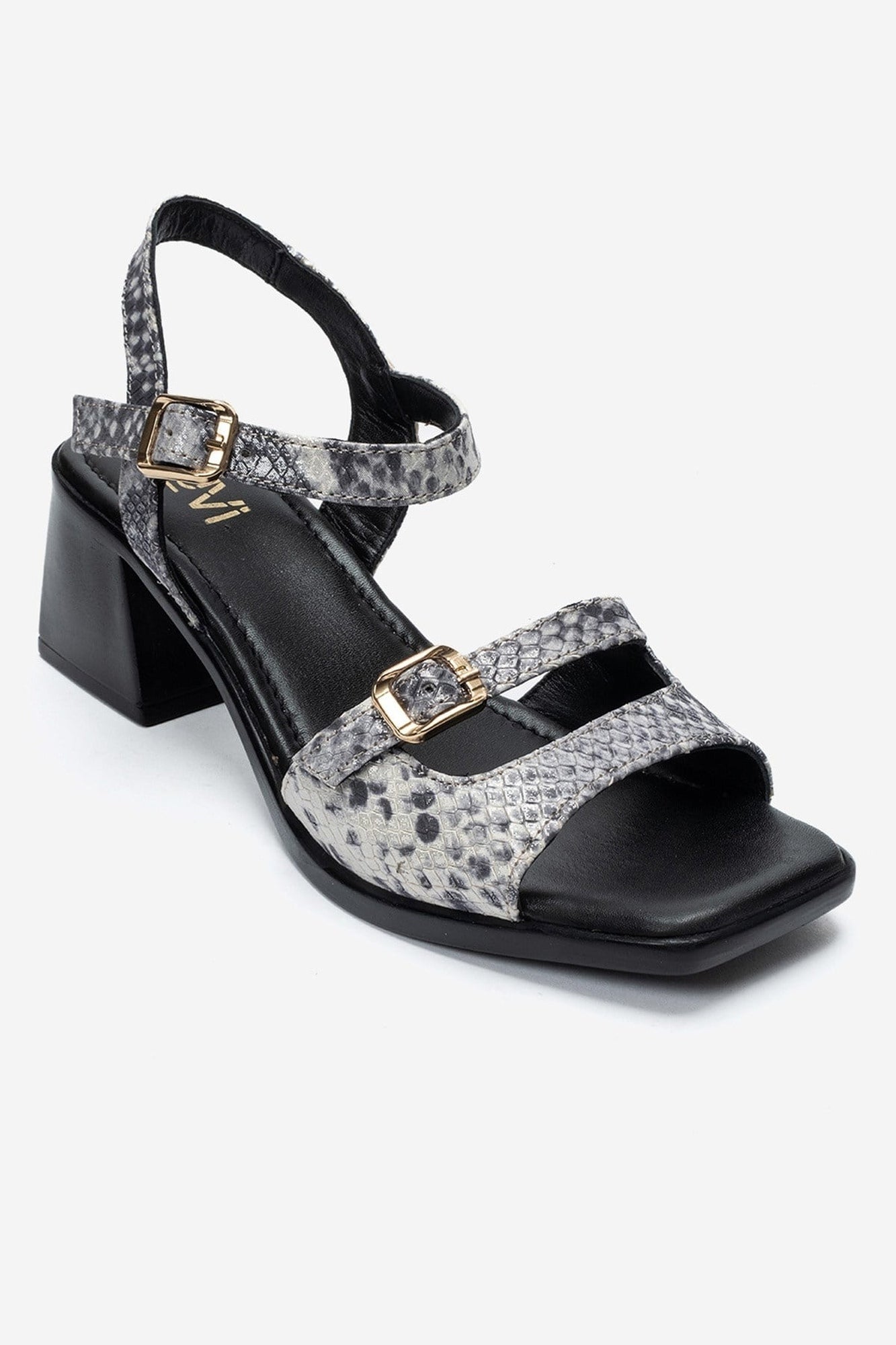 YOLEN - Black Patterned Genuine Leather Block Heel Sandal – detail view showing leather, black, red, SimmiUnique