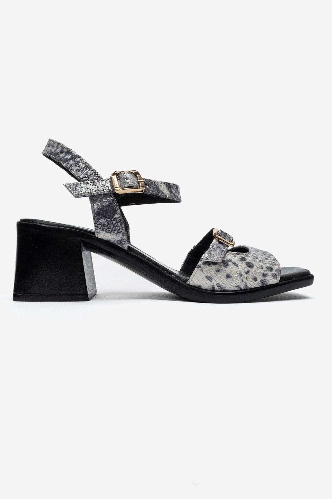 YOLEN - Black Patterned Genuine Leather Block Heel Sandal – heel view showing leather, black, red, SimmiUnique