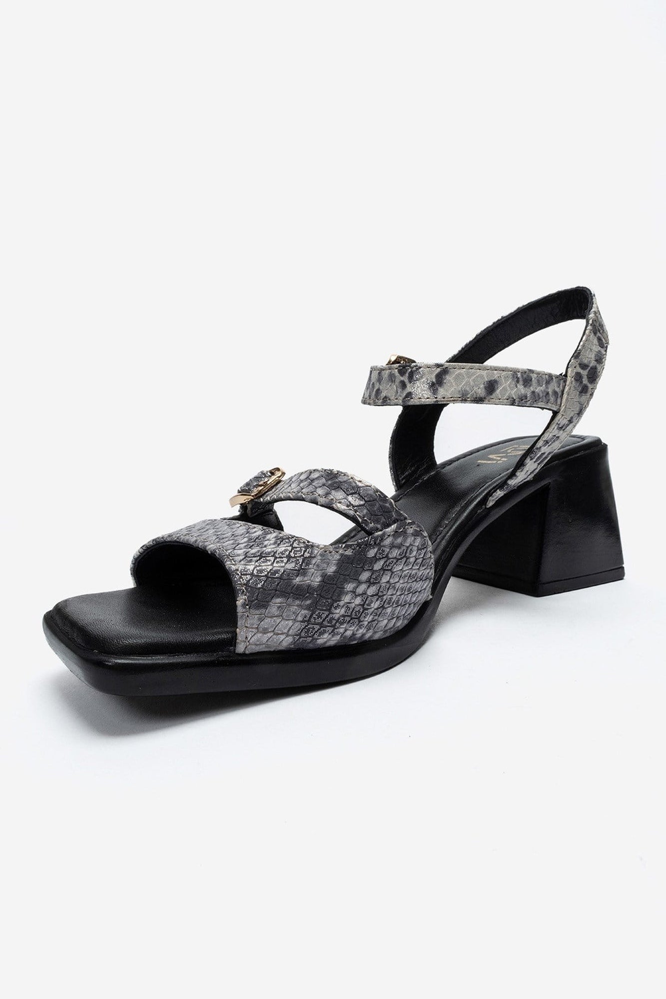 YOLEN - Black Patterned Genuine Leather Block Heel Sandal – top view showing leather, black, red, SimmiUnique
