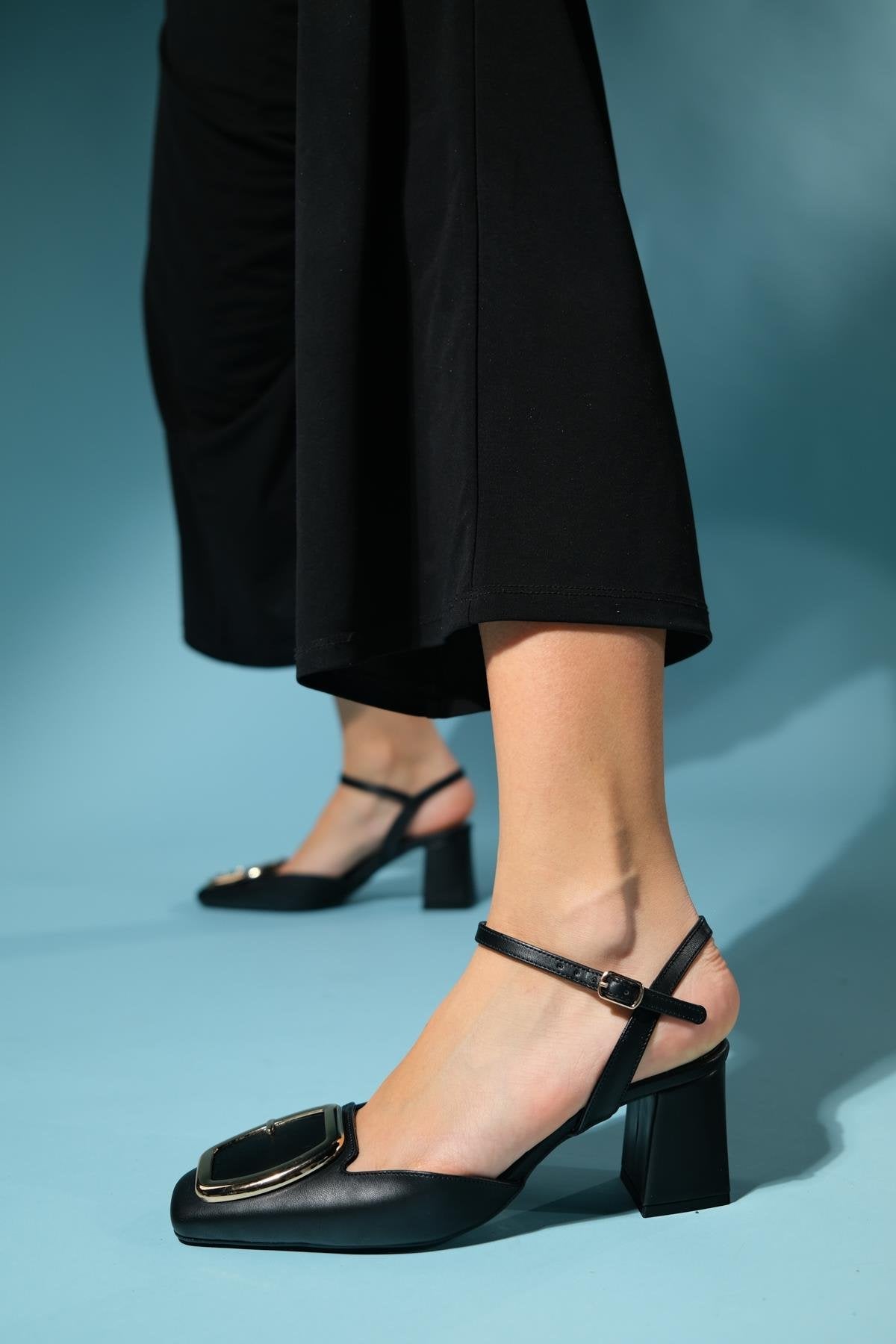 Tieno - Black Backless Block Heel Shoe – back view showing leather, black, SimmiUnique