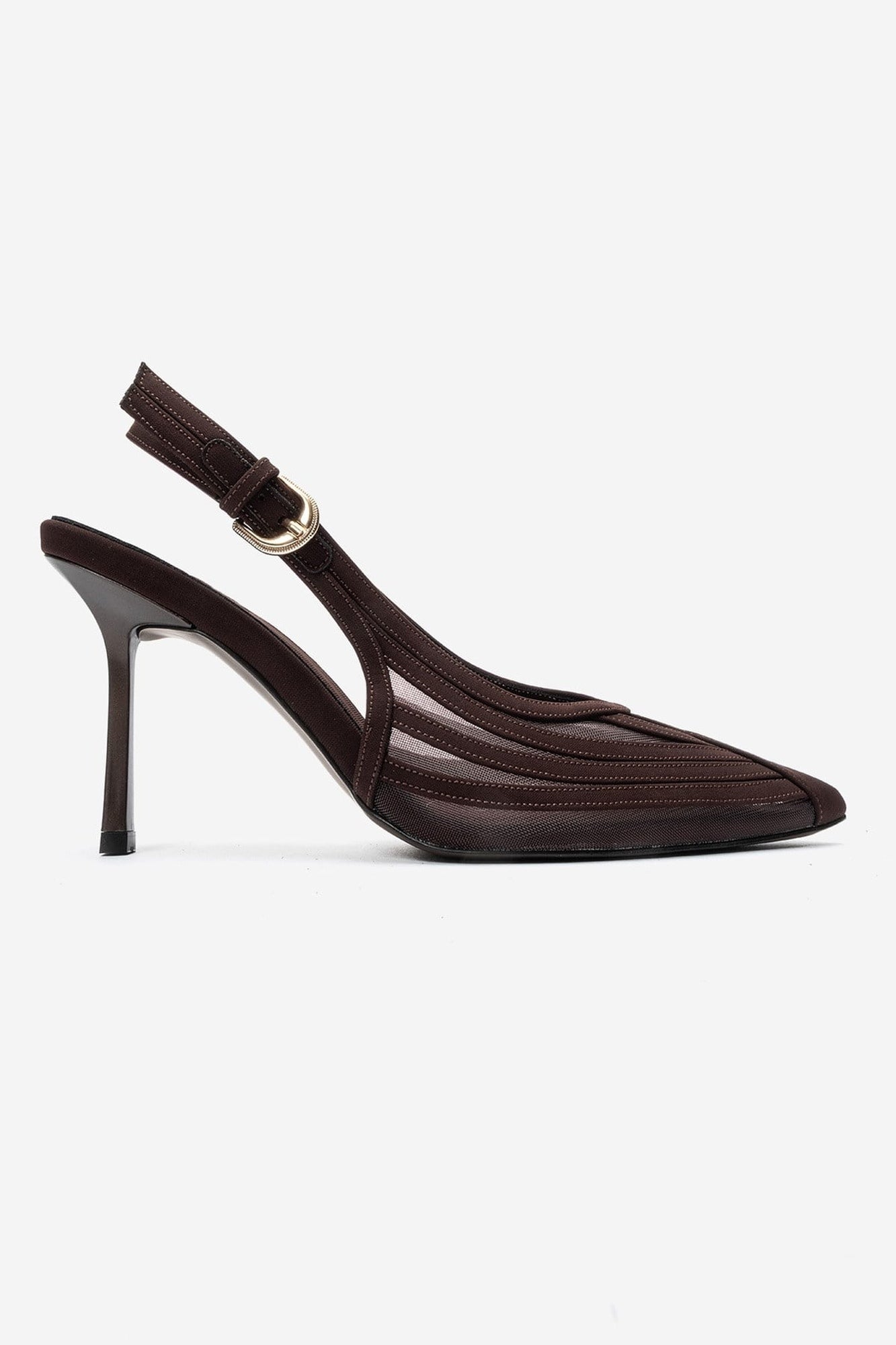 Fauna - Dark Brown Satin Stiletto Pump – heel view showing satin, SimmiUnique