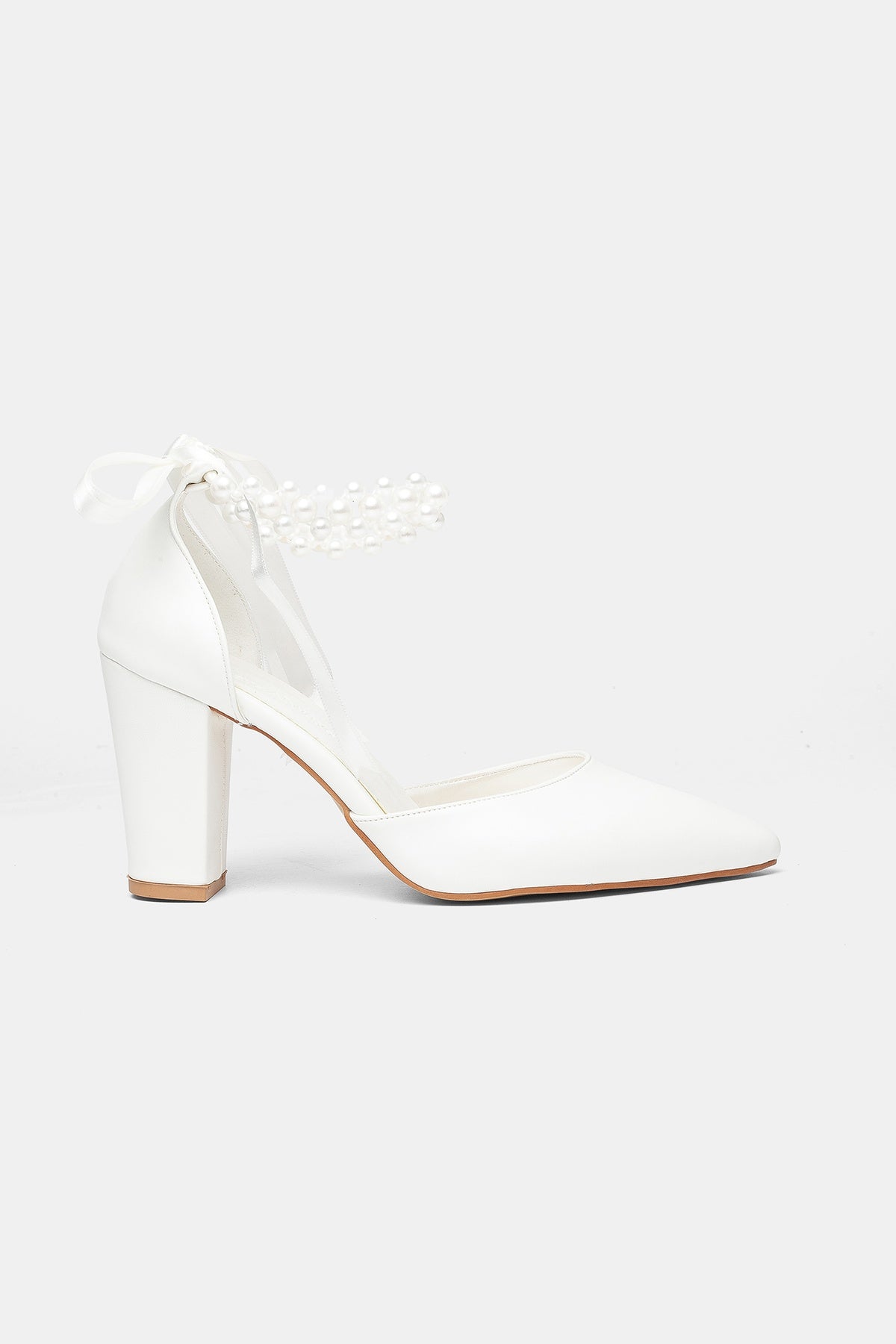 Elisa Pearl Block Heel Bridal Pumps – side view showing pearl, satin, leather, SimmiUnique
