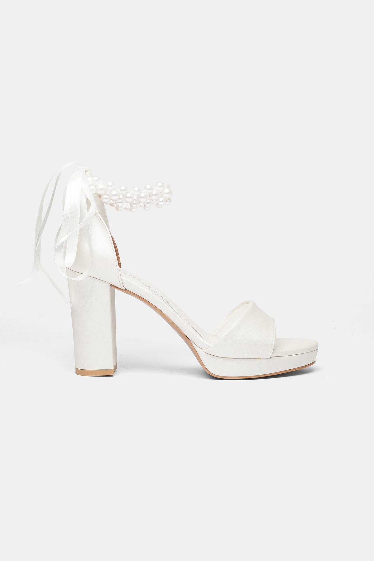 Tiara Pearl Block Heel Bridal Pumps – side view showing pearl, satin, leather, SimmiUnique