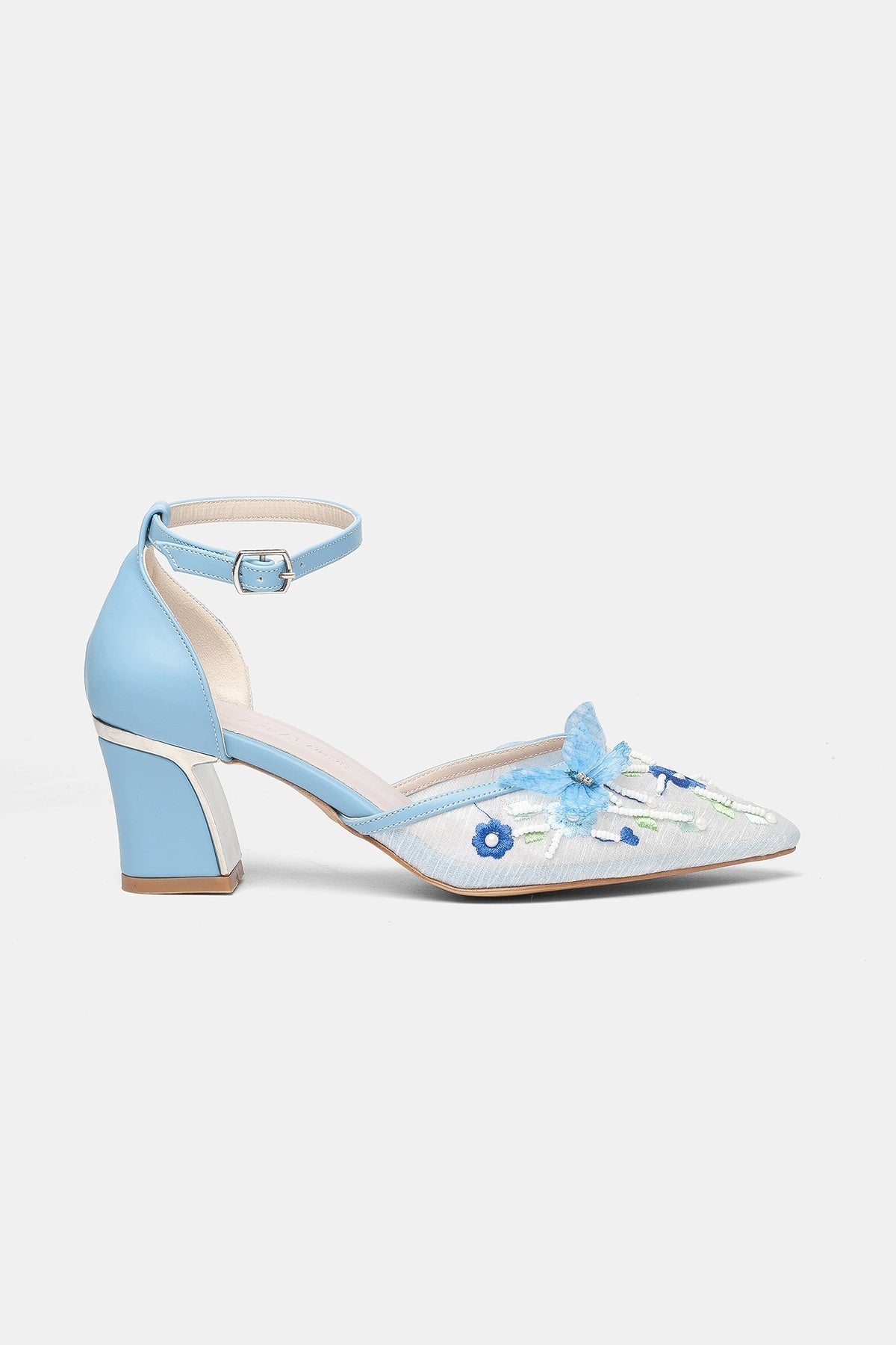 Iry Blue Butterfly Embroidered Mesh Pumps – side view showing mesh, metallic, blue, SimmiUnique