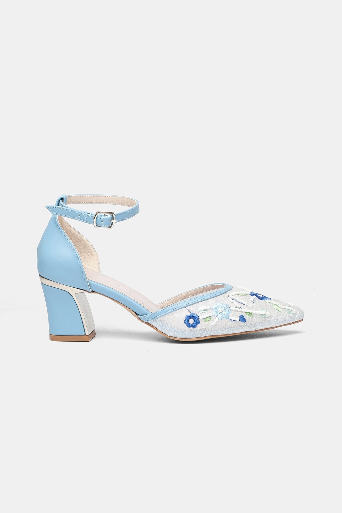 Lorelai Blue Embroidered Mesh Pumps – side view showing beaded, mesh, metallic, SimmiUnique