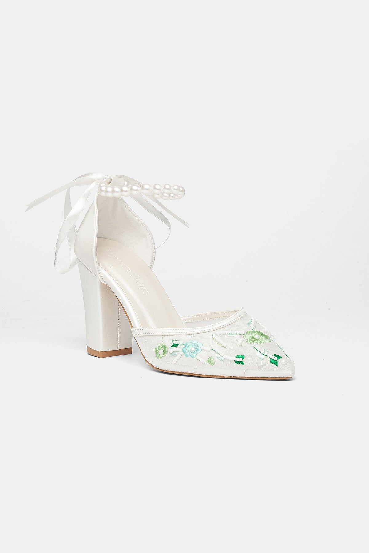 Lorraine - Ivory With Green Flowers Pearl Strap Wedding Shoes – front three-quarter view showing pearl, lace, leather…