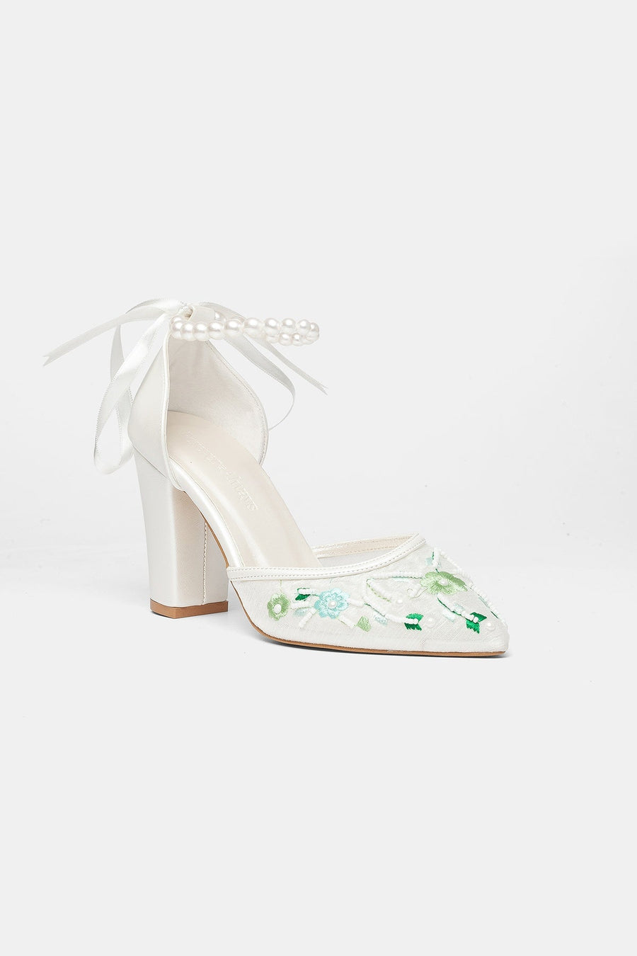 Lorraine - Ivory With Green Flowers Pearl Strap Wedding Shoes