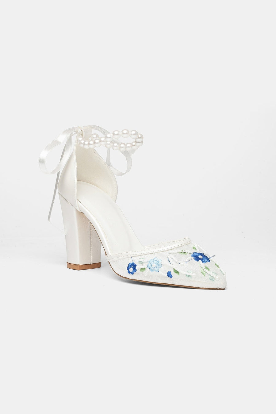 Lorraine - Ivory With Blue Flowers Pearl Strap Wedding Shoes