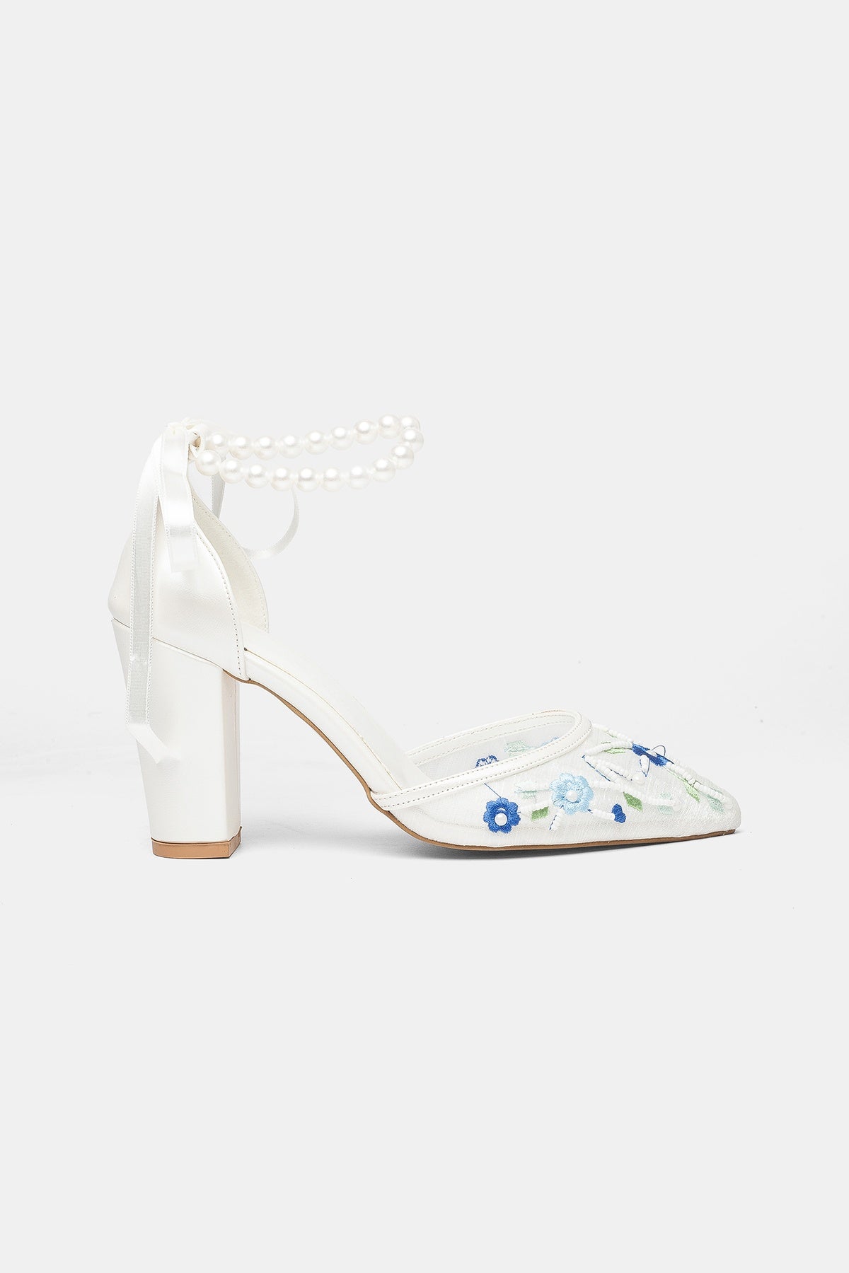 Lorraine - Ivory With Blue Flowers Pearl Strap Wedding Shoes – side view showing pearl, lace, leather, SimmiUnique