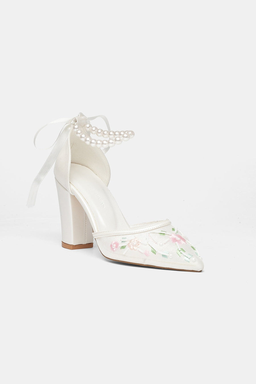 Lorraine - Ivory With Pink Flowers Pearl Strap Wedding Shoes
