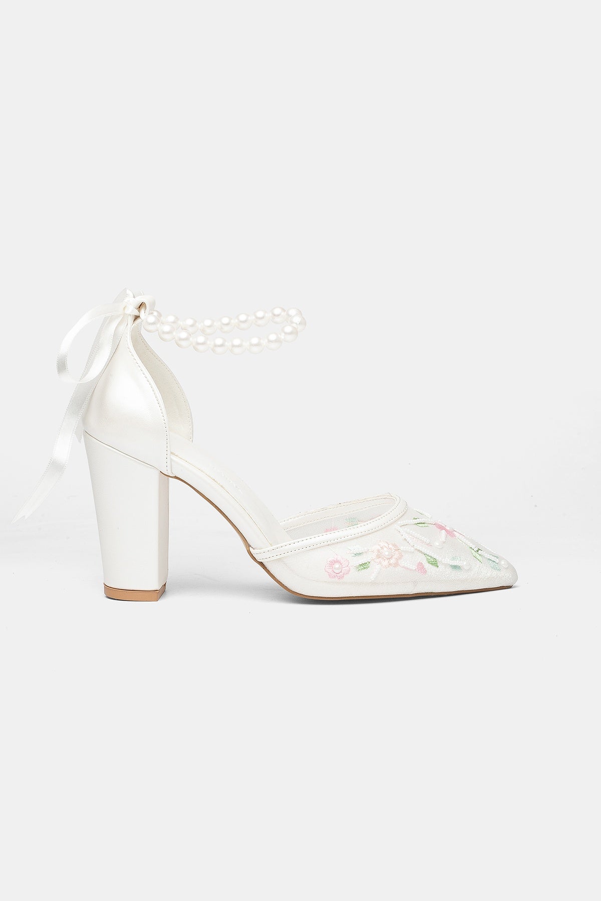 Lorraine - Ivory With Pink Flowers Pearl Strap Wedding Shoes – side view showing pearl, lace, leather, SimmiUnique