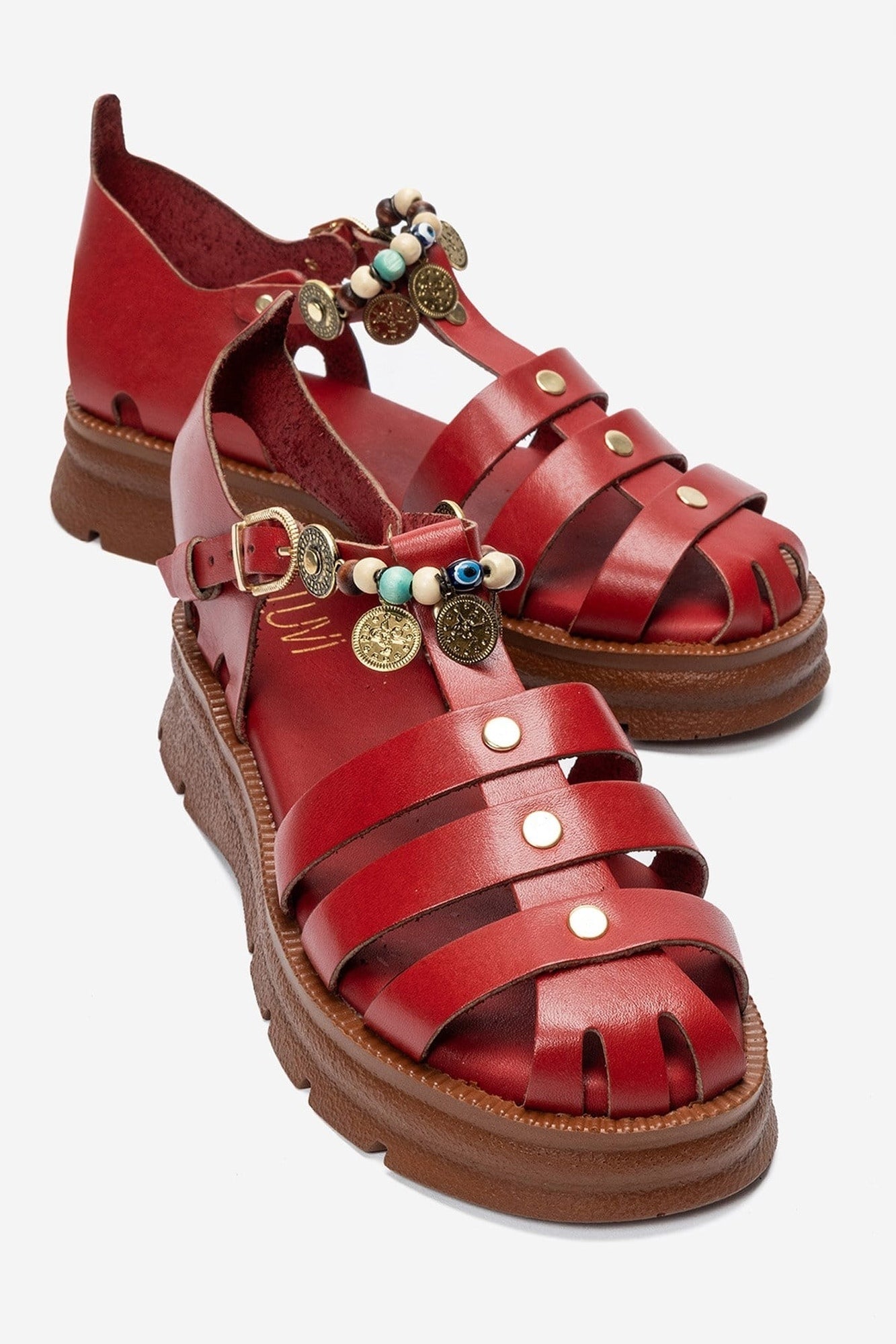 SOLIS - Red Genuine Leather Beaded Sandal – front three-quarter view showing leather, beaded, red, SimmiUnique