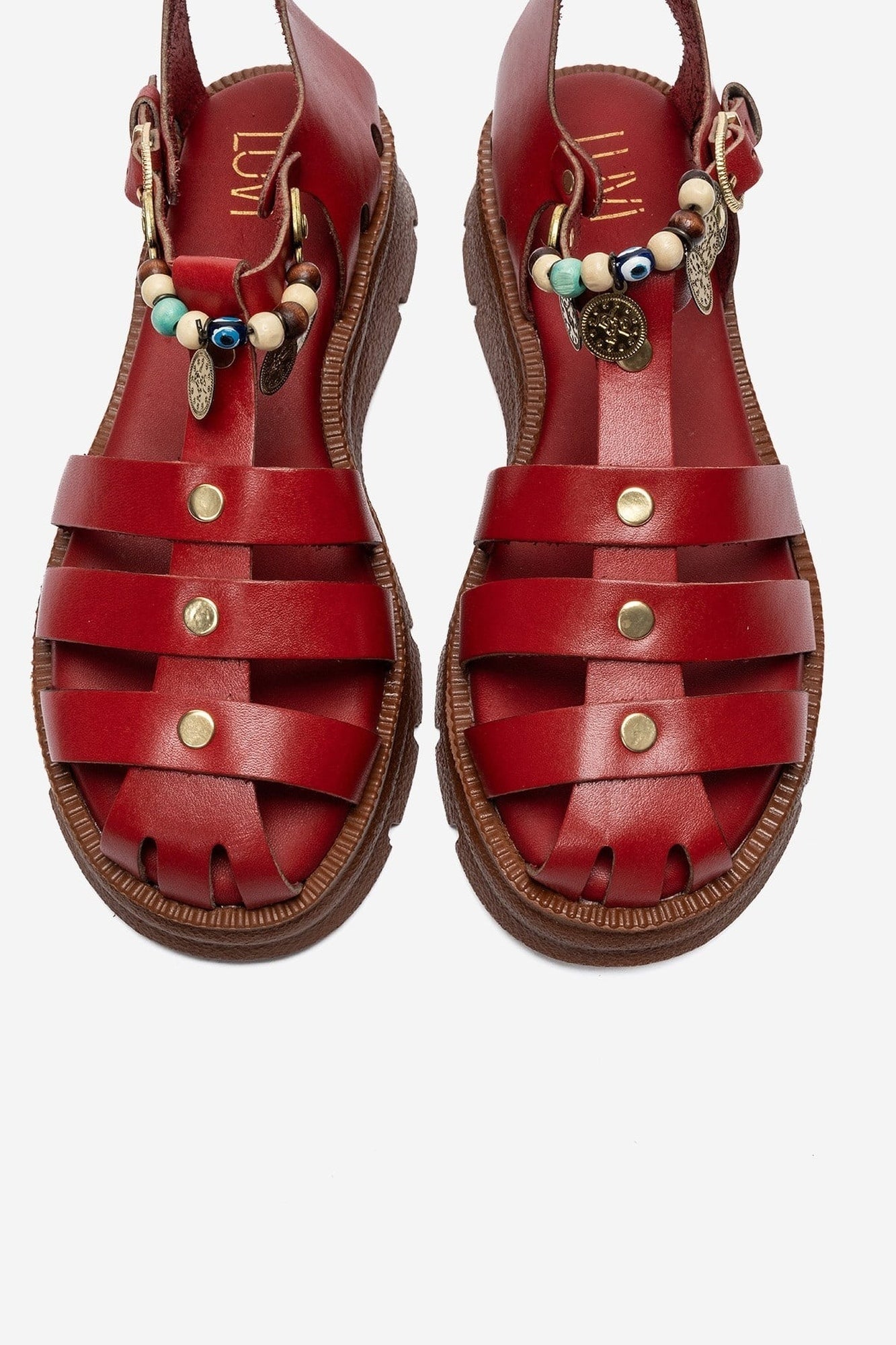 SOLIS - Red Genuine Leather Beaded Sandal – side view showing leather, beaded, red, SimmiUnique