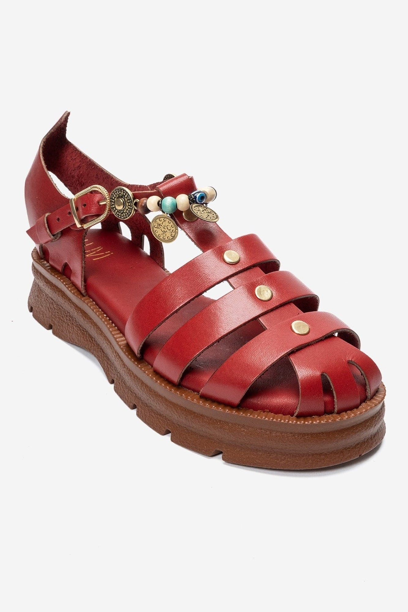 SOLIS - Red Genuine Leather Beaded Sandal – detail view showing leather, beaded, red, SimmiUnique