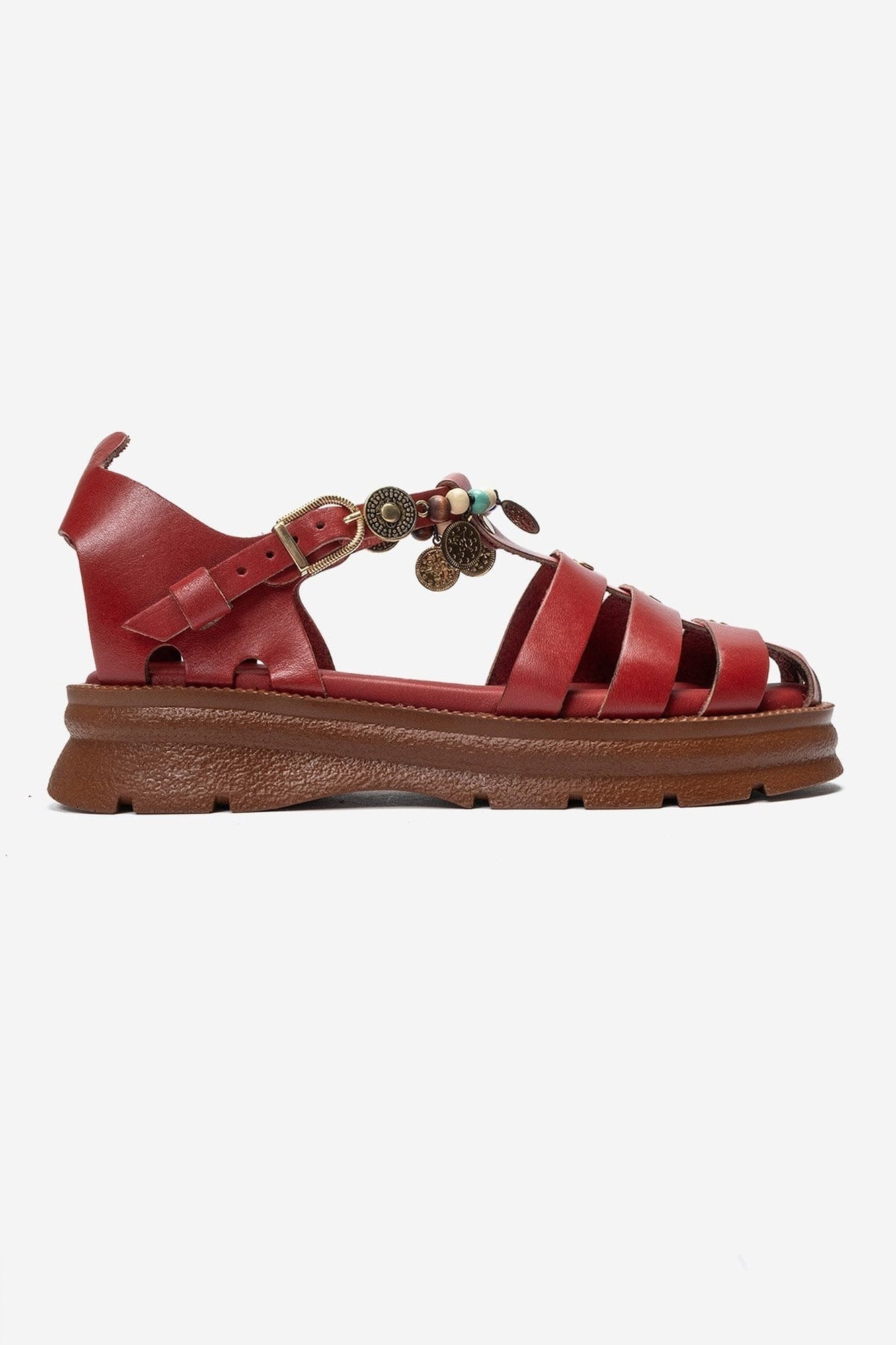 SOLIS - Red Genuine Leather Beaded Sandal – heel view showing leather, beaded, red, SimmiUnique