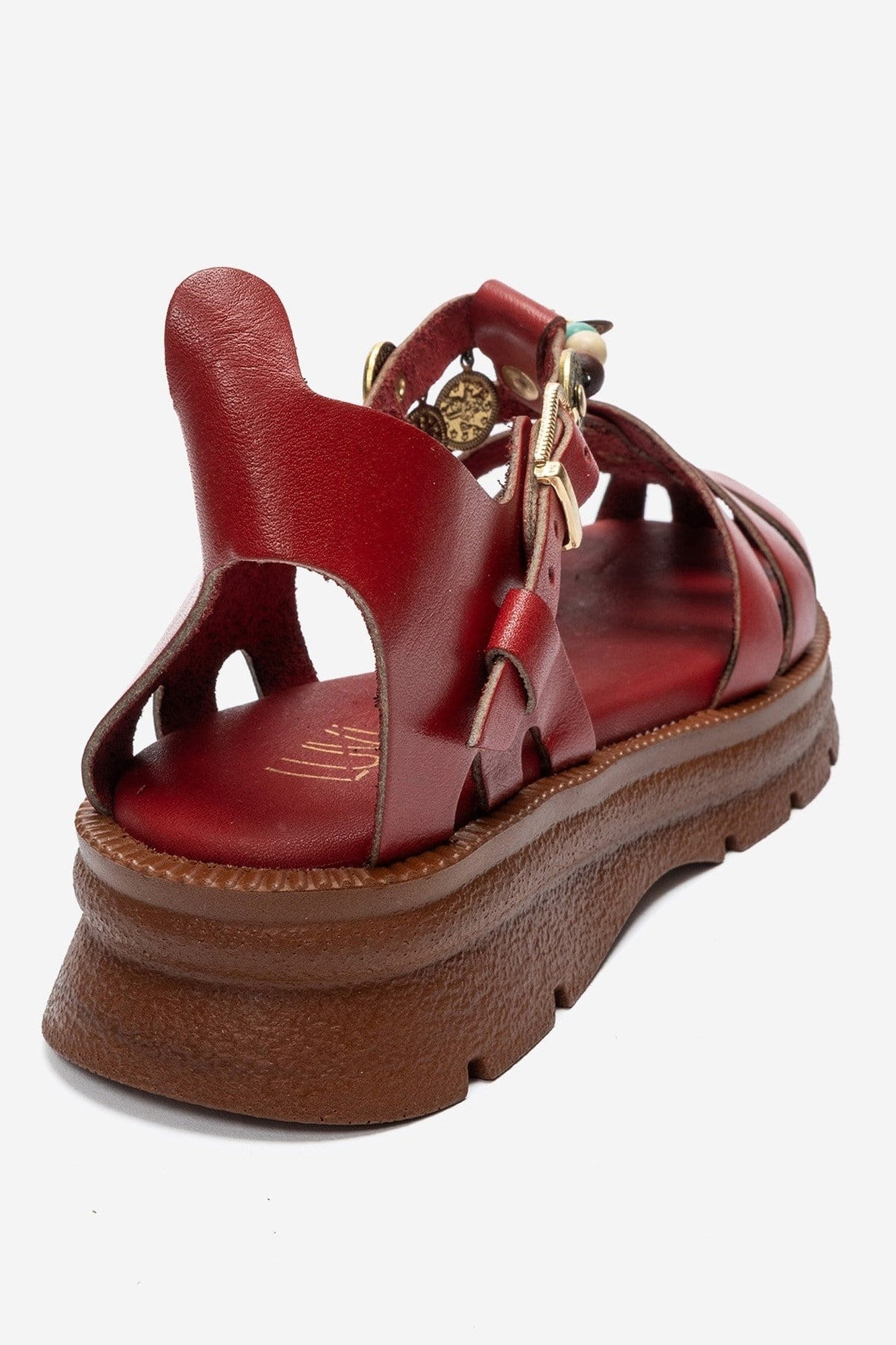 SOLIS - Red Genuine Leather Beaded Sandal – back view showing leather, beaded, red, SimmiUnique