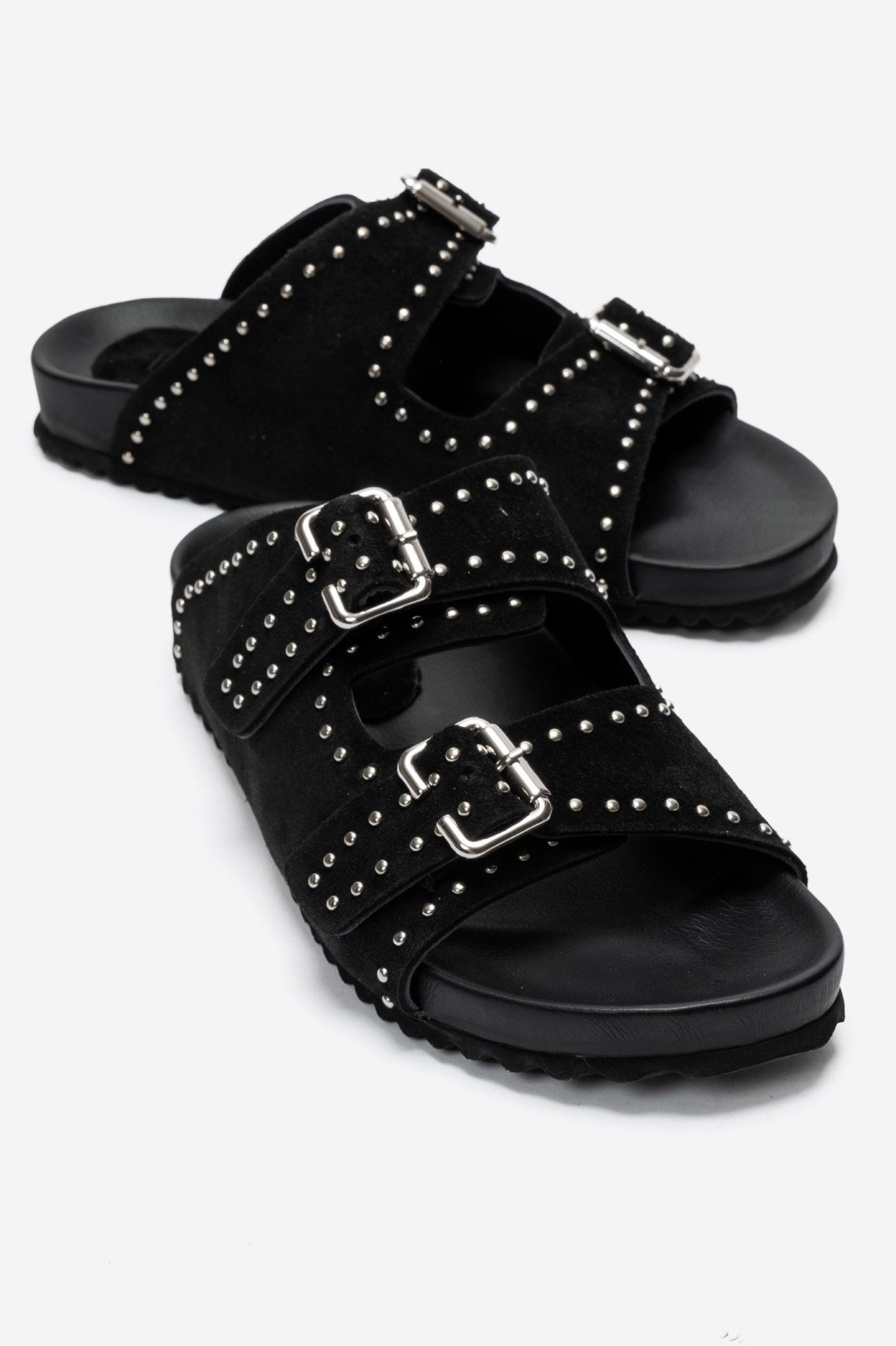 AVENELLE - Black Suede Genuine Leather Double-Band Studded Slide – front three-quarter view showing leather, suede, black…
