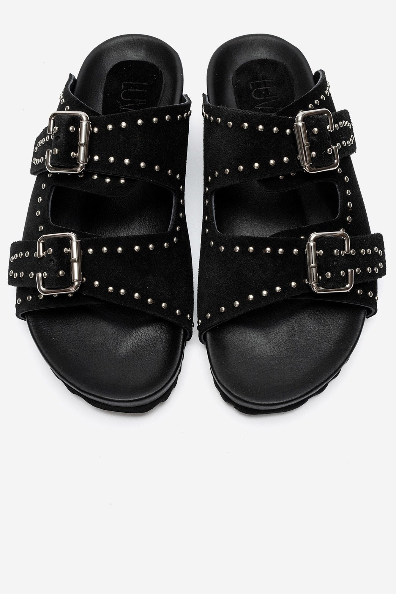 AVENELLE - Black Suede Genuine Leather Double-Band Studded Slide – detail view showing leather, suede, black, SimmiUnique