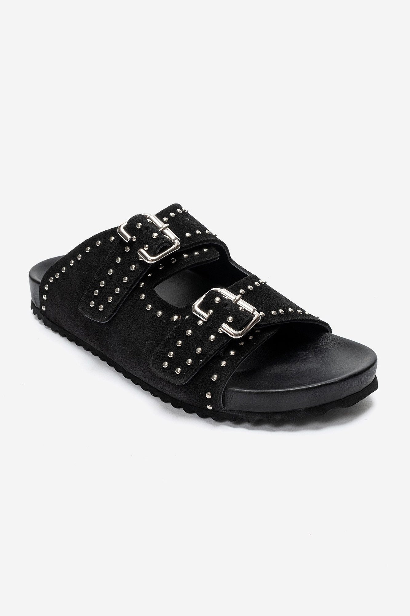 AVENELLE - Black Suede Genuine Leather Double-Band Studded Slide – heel view showing leather, suede, black, SimmiUnique