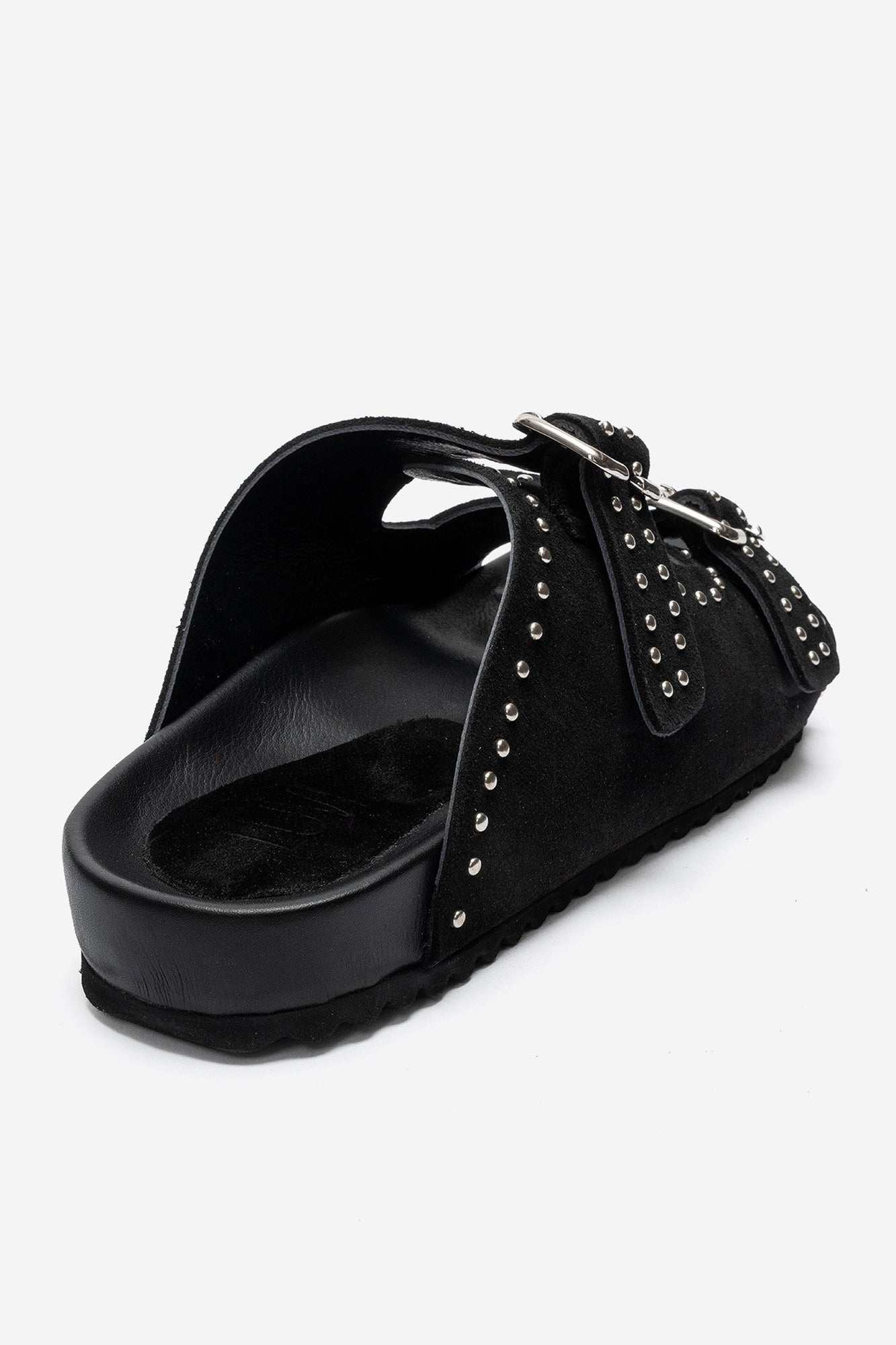 AVENELLE - Black Suede Genuine Leather Double-Band Studded Slide – top view showing leather, suede, black, SimmiUnique