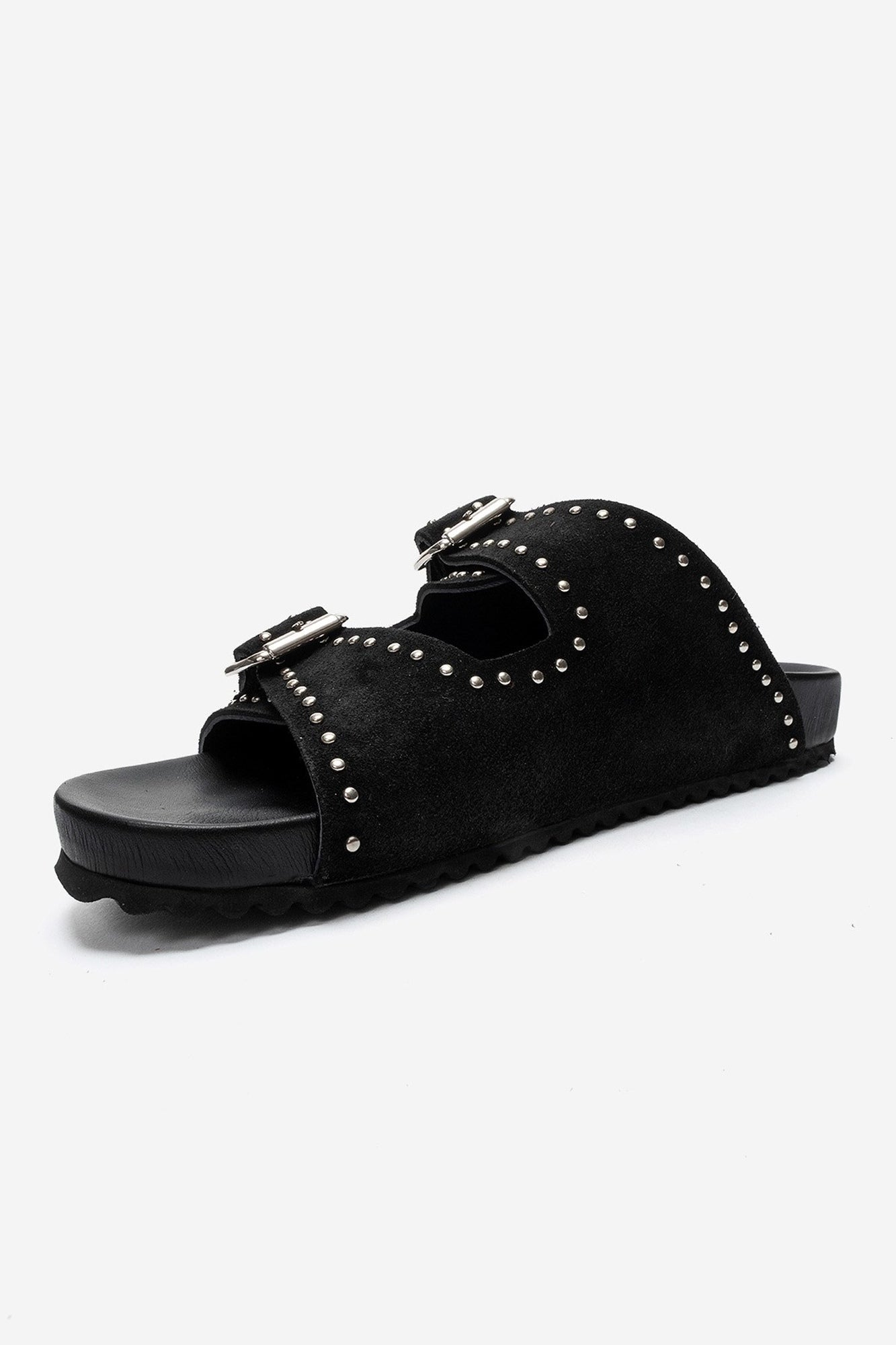 AVENELLE - Black Suede Genuine Leather Double-Band Studded Slide – sole view showing leather, suede, black, SimmiUnique