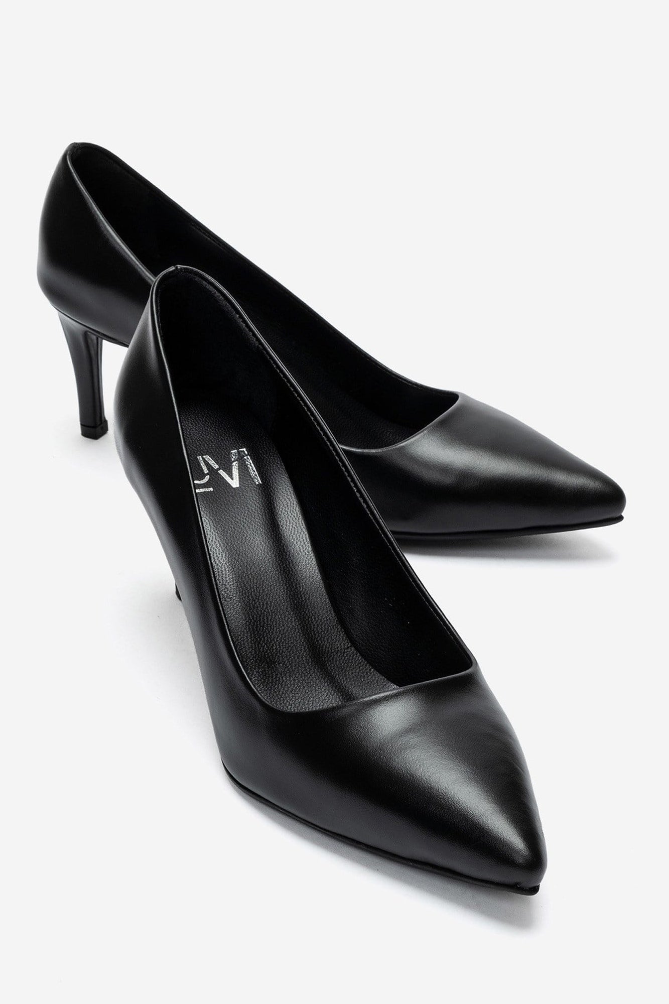 Clyde - Black Genuine Leather Stiletto Pump – front three-quarter view showing leather, black, SimmiUnique