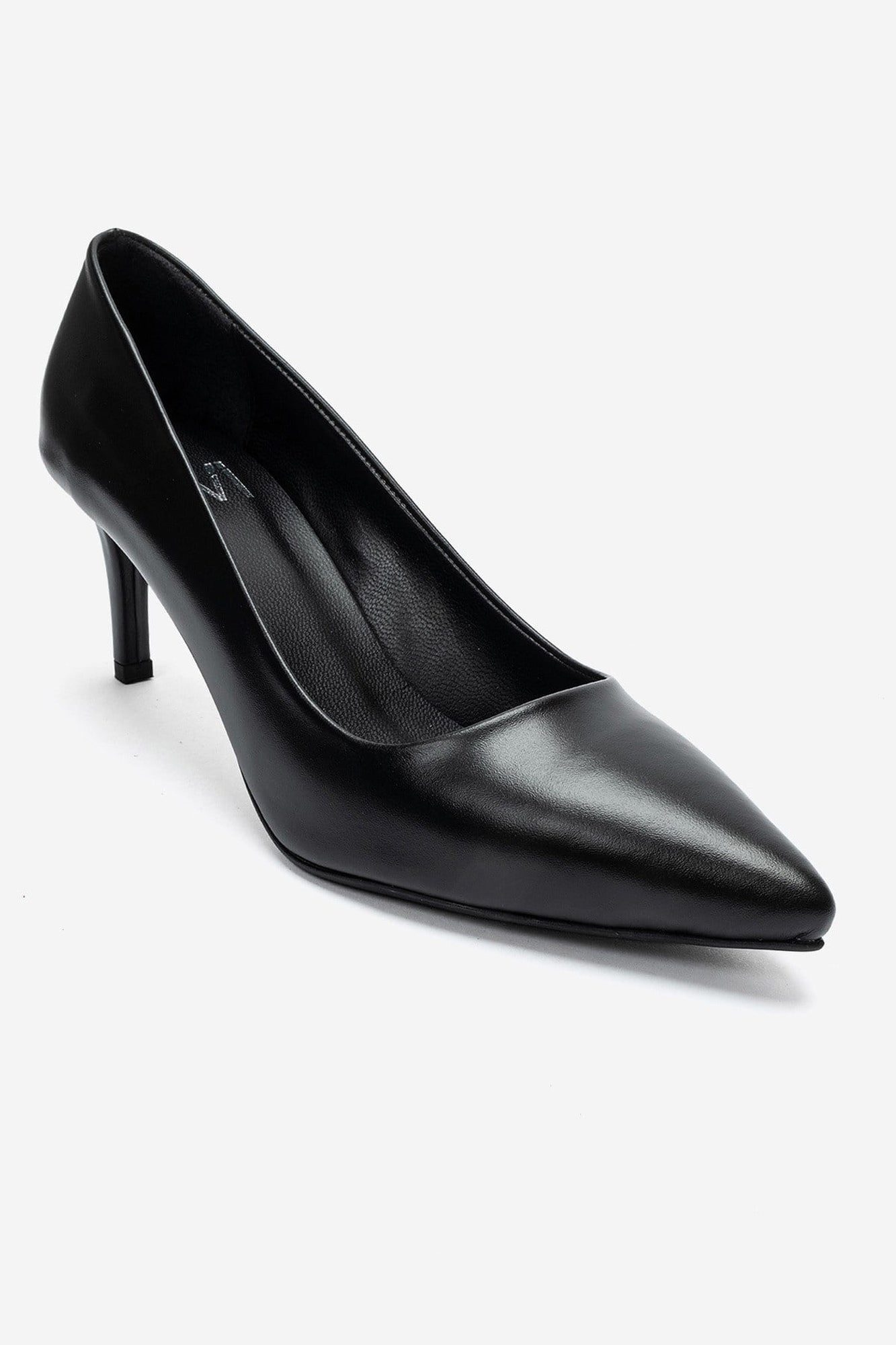 Clyde - Black Genuine Leather Stiletto Pump – detail view showing leather, black, SimmiUnique