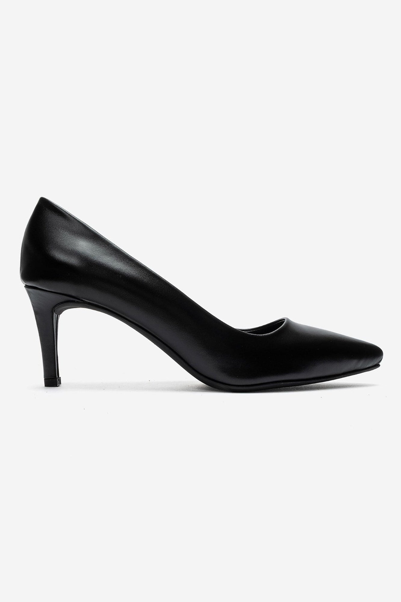 Clyde - Black Genuine Leather Stiletto Pump – heel view showing leather, black, SimmiUnique