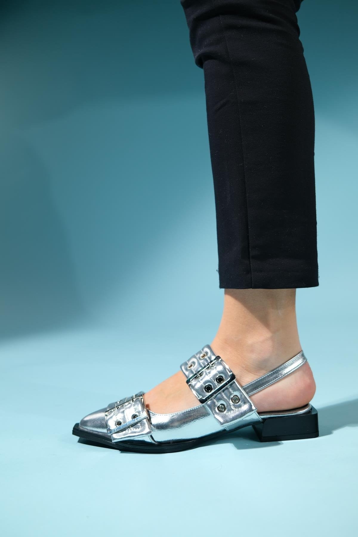 Paloma - Silver Buckle Sandal – back view showing leather, silver, SimmiUnique