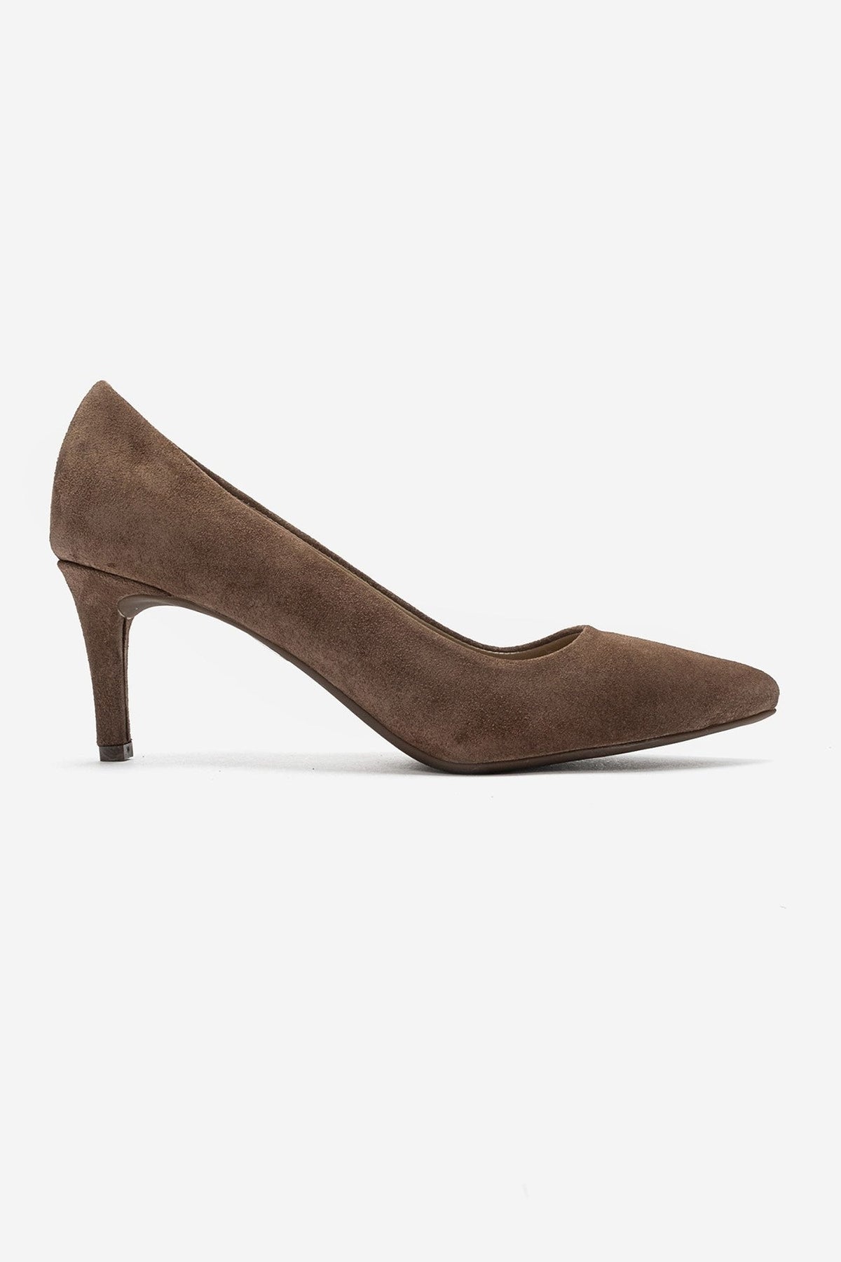CLYDE - Taupe Suede Genuine Leather Stiletto Pump – heel view showing leather, suede, SimmiUnique