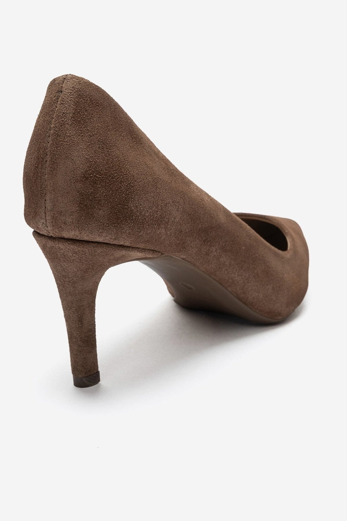 CLYDE - Taupe Suede Genuine Leather Stiletto Pump – back view showing leather, suede, SimmiUnique