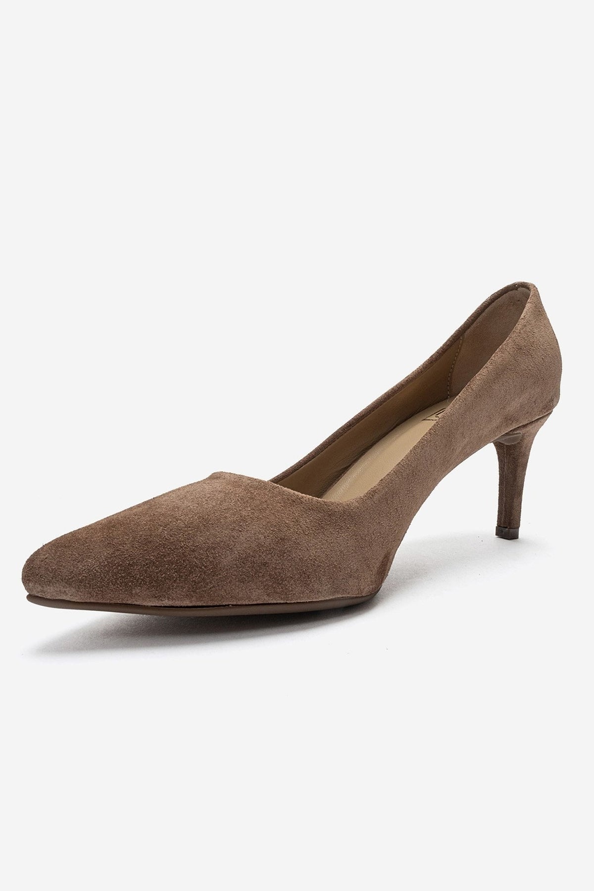 CLYDE - Taupe Suede Genuine Leather Stiletto Pump – top view showing leather, suede, SimmiUnique